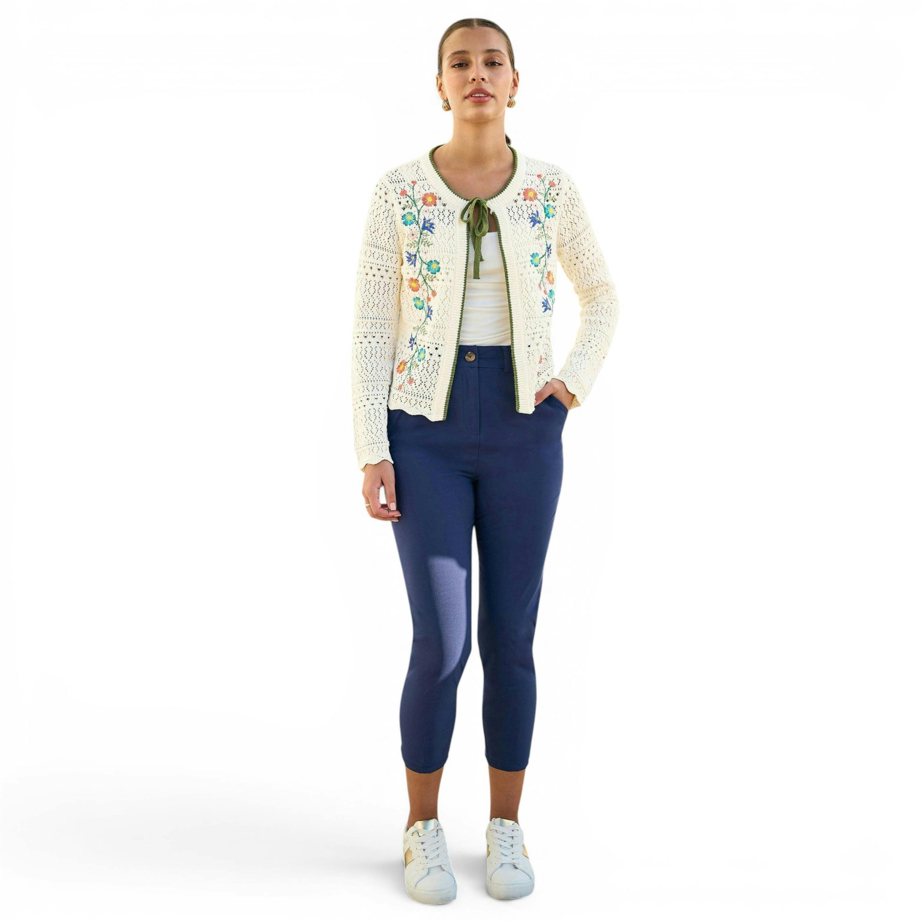 Yumi Ivory Crochet Knitted Tie Front Cardigan With Floral Embroidery , view 3 of 6