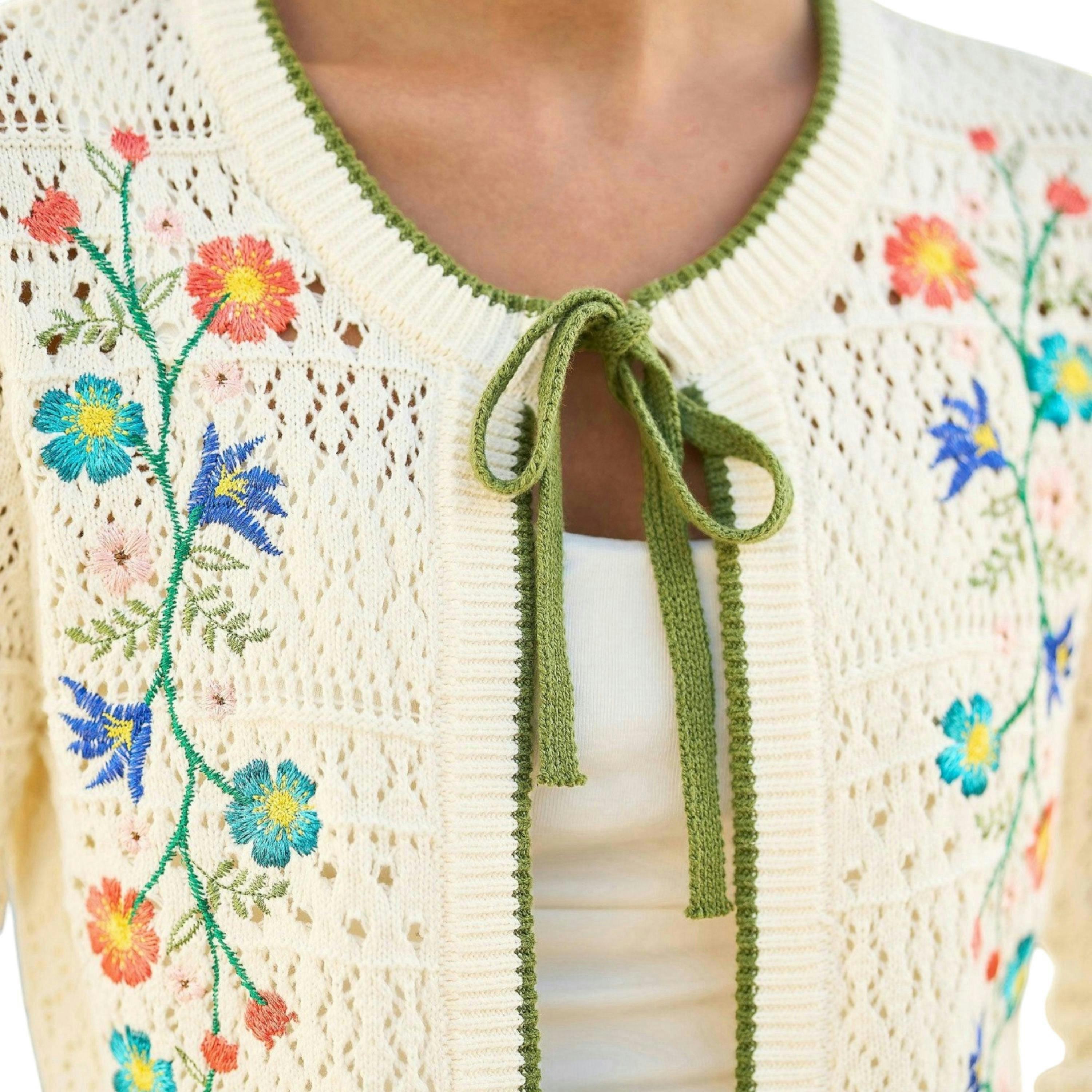 Yumi Ivory Crochet Knitted Tie Front Cardigan With Floral Embroidery , view 5 of 6