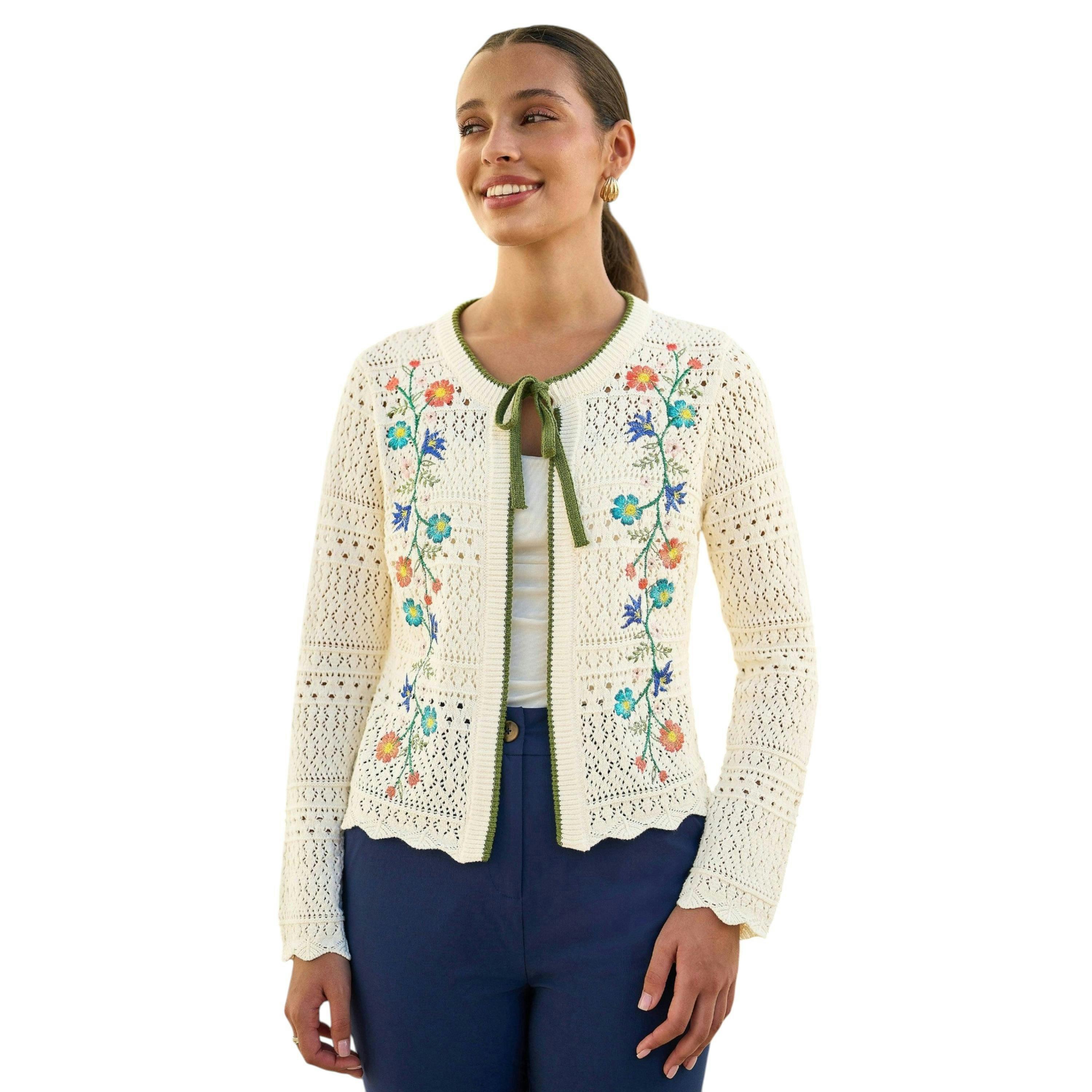 Yumi Ivory Crochet Knitted Tie Front Cardigan With Floral Embroidery , view 6 of 6