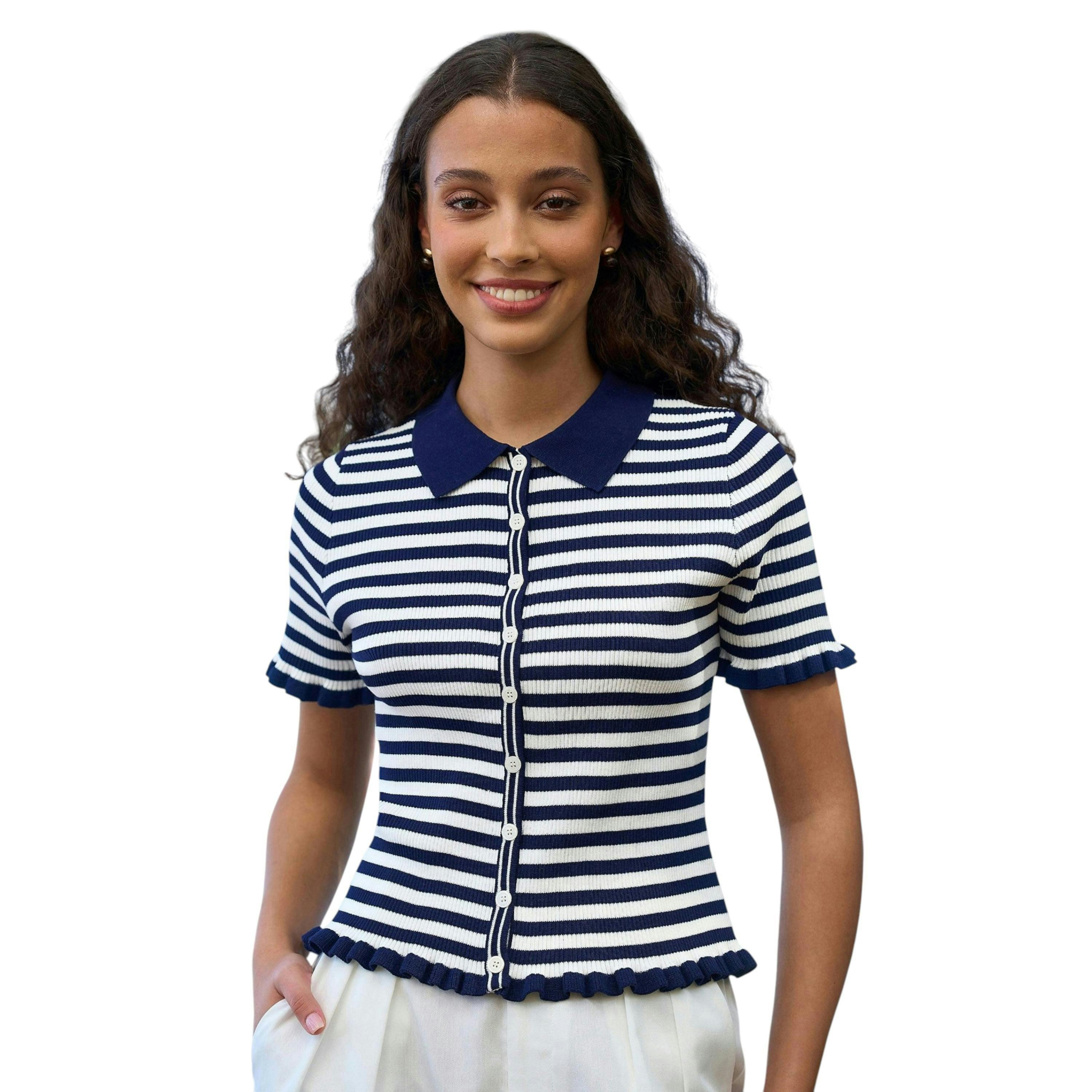 Yumi Navy Nautical Striped Knitted Top , view 1 of 6