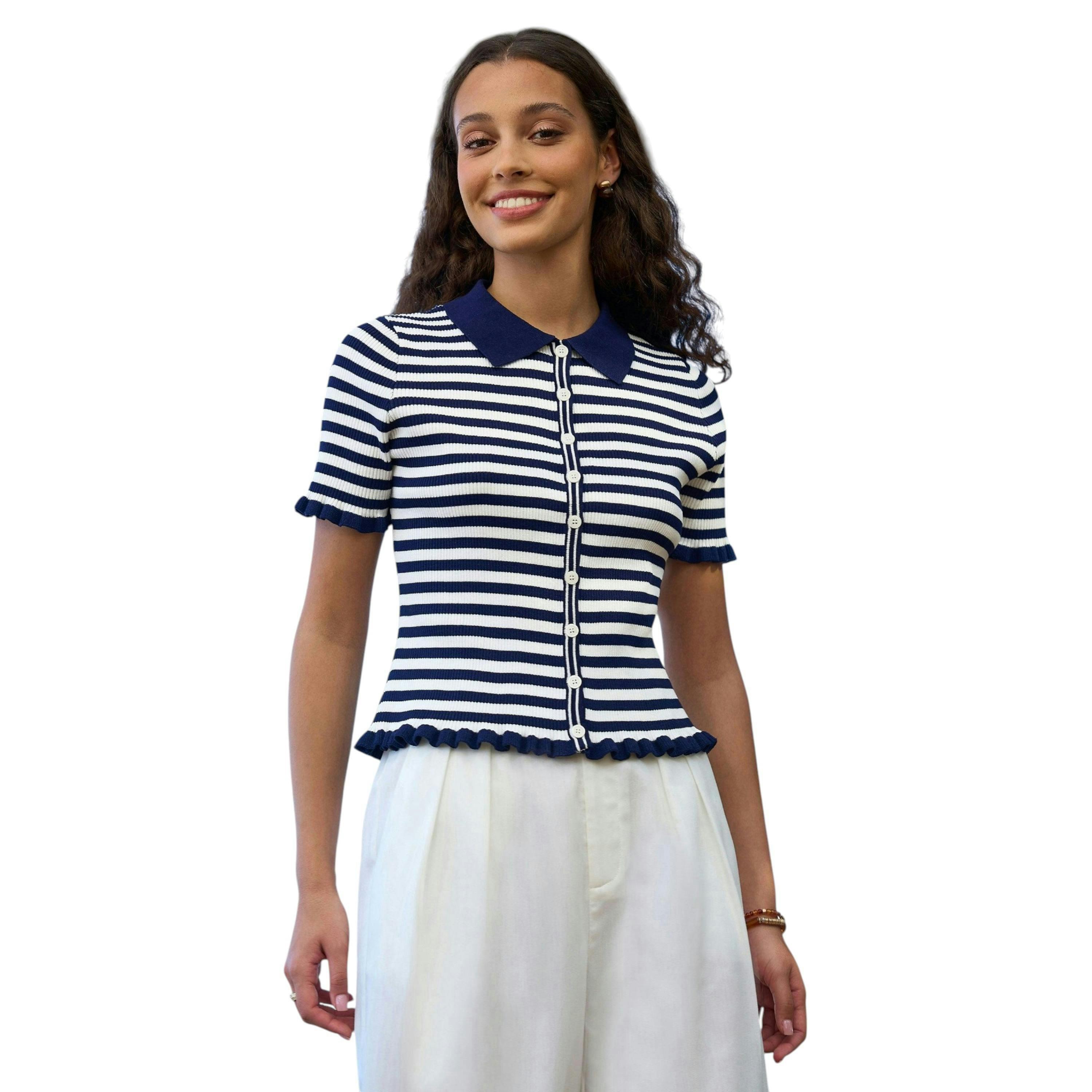 Yumi Navy Nautical Striped Knitted Top , view 2 of 6