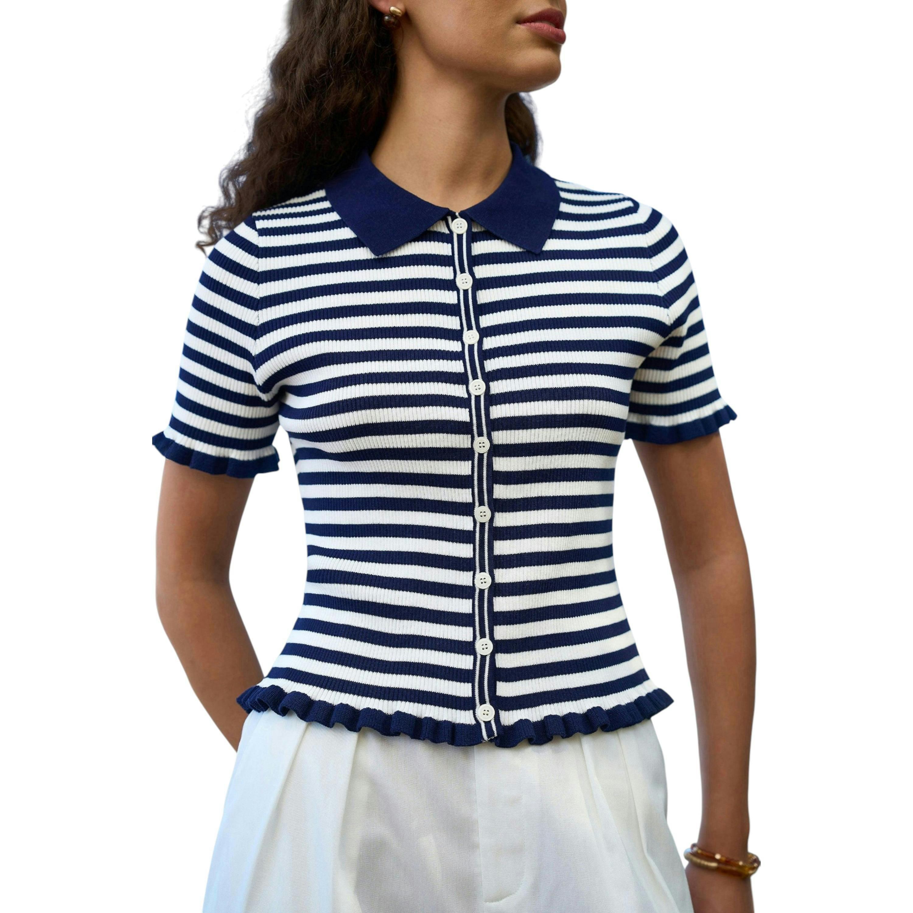 Yumi Navy Nautical Striped Knitted Top , view 3 of 6