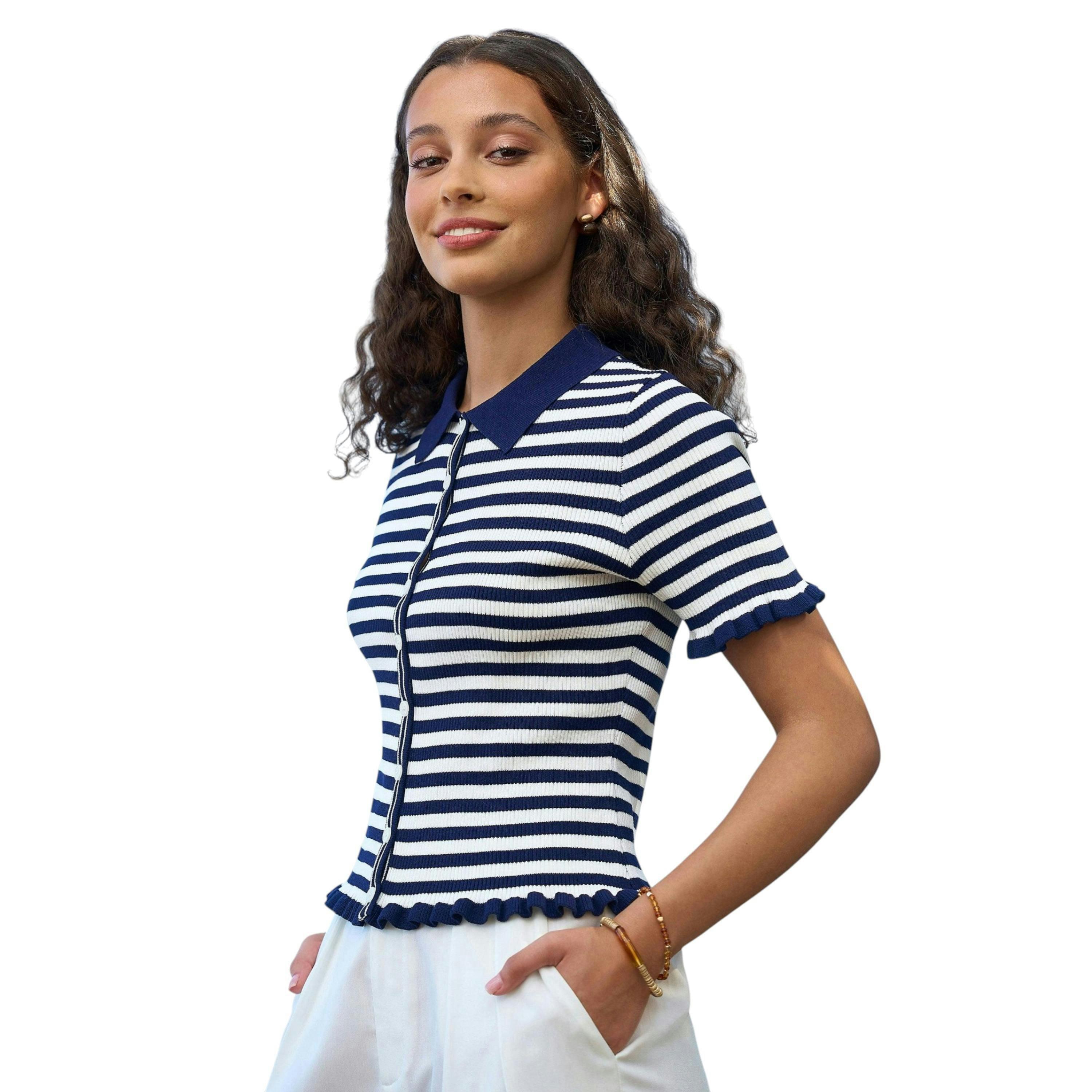 Yumi Navy Nautical Striped Knitted Top , view 5 of 6