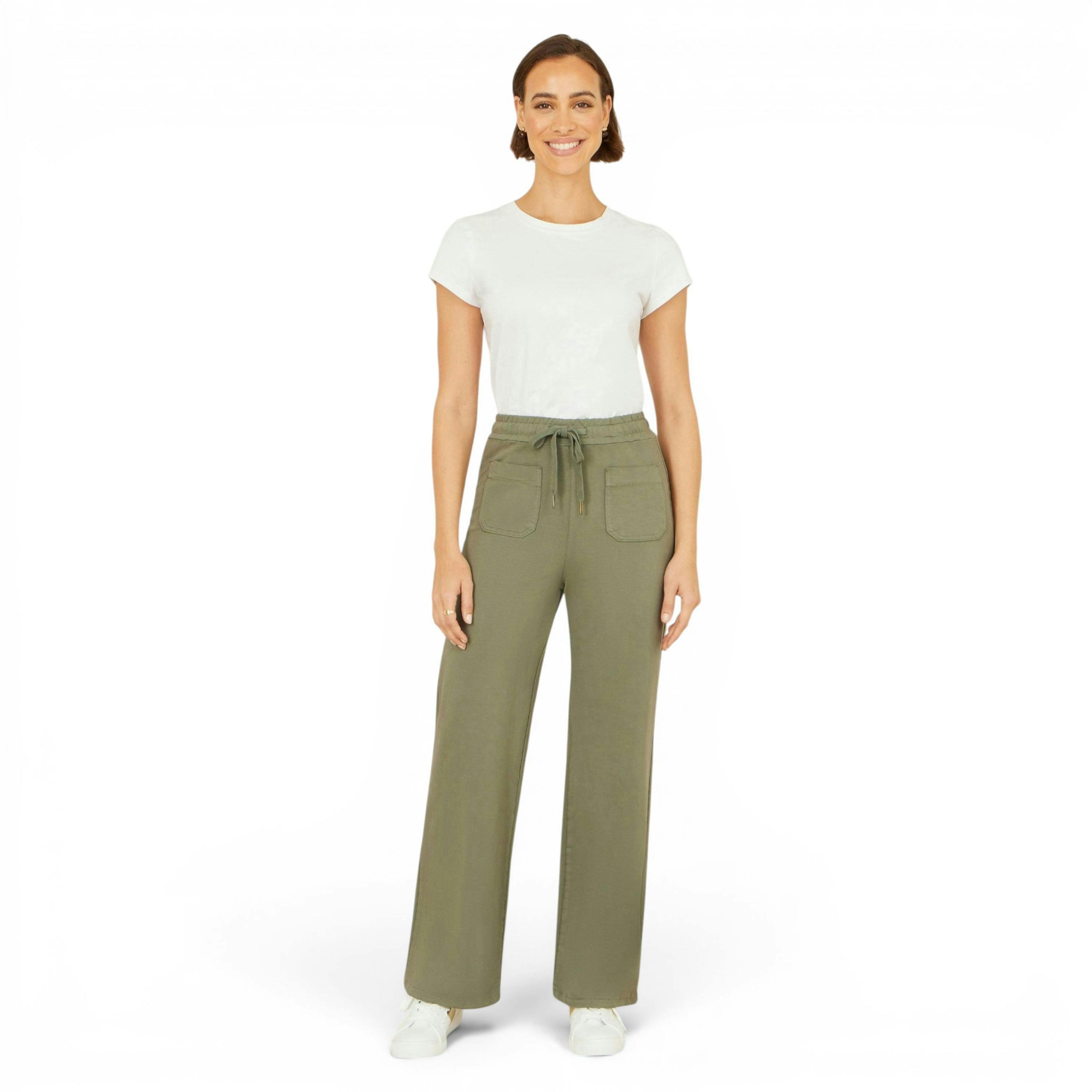 Yumi Khaki Relaxed Stretch Wide Leg Trousers With Pockets , view 1 of 4