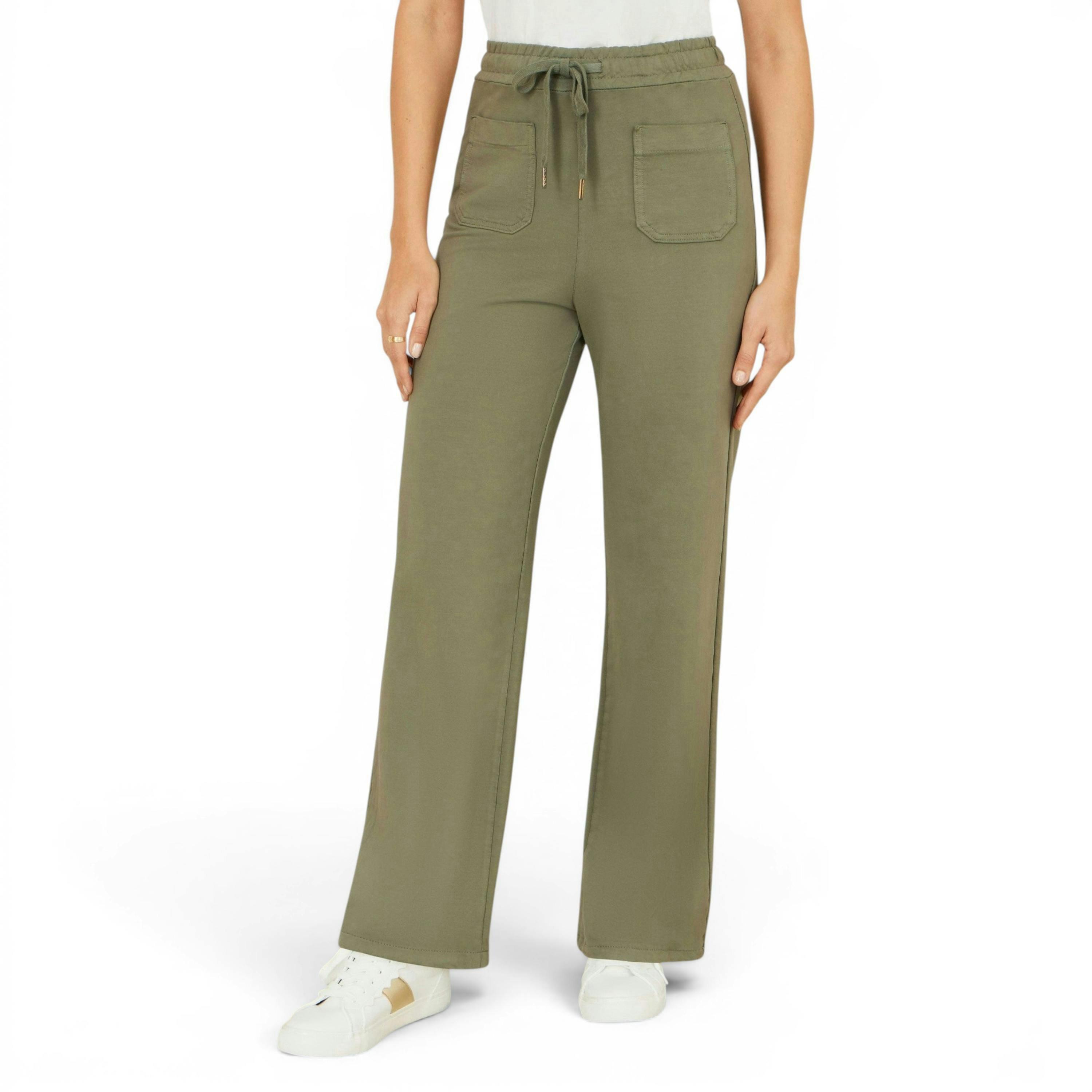Yumi Khaki Relaxed Stretch Wide Leg Trousers With Pockets , view 2 of 4