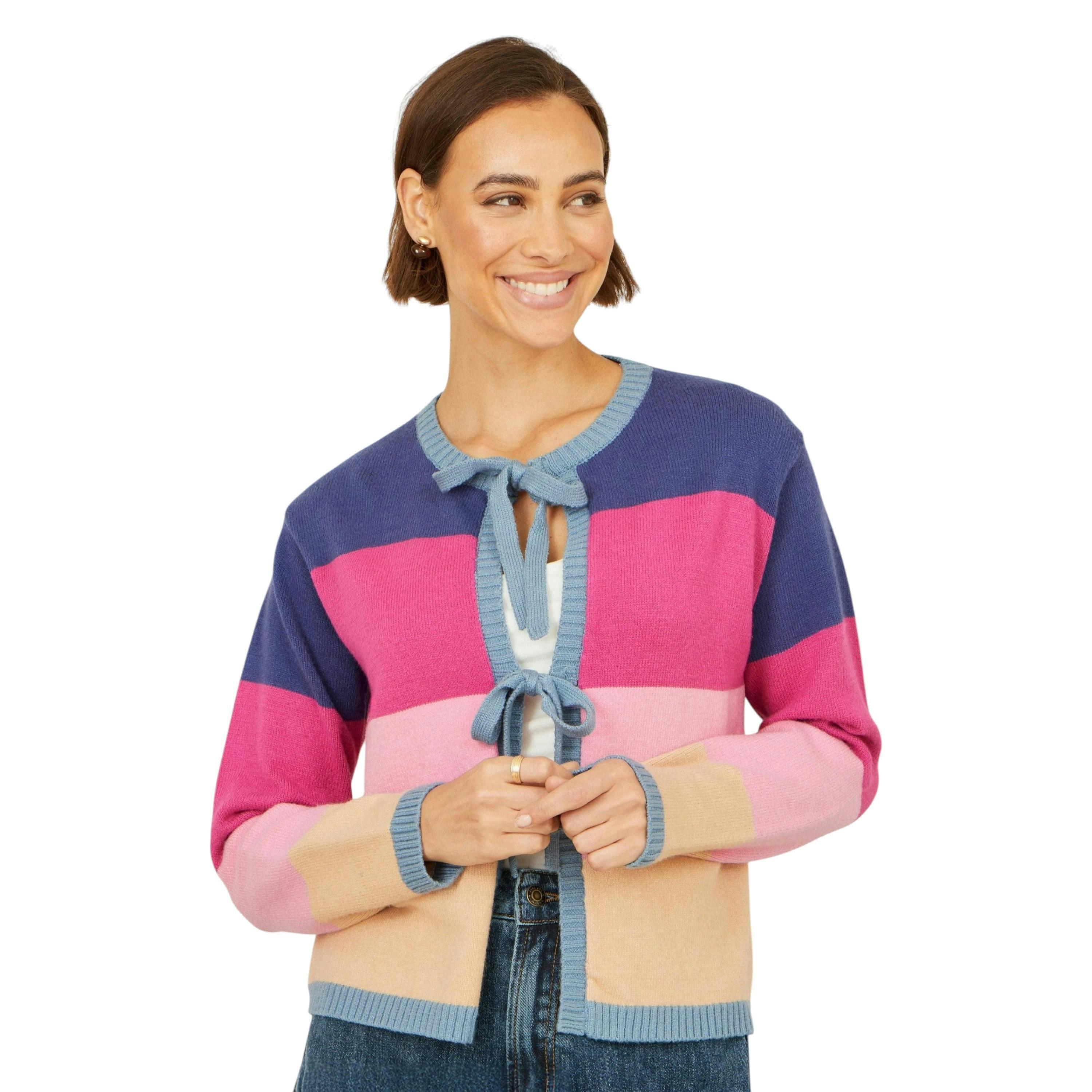 Yumi Multicolour Block Stripe Tie Front Cardigan , view 1 of 5