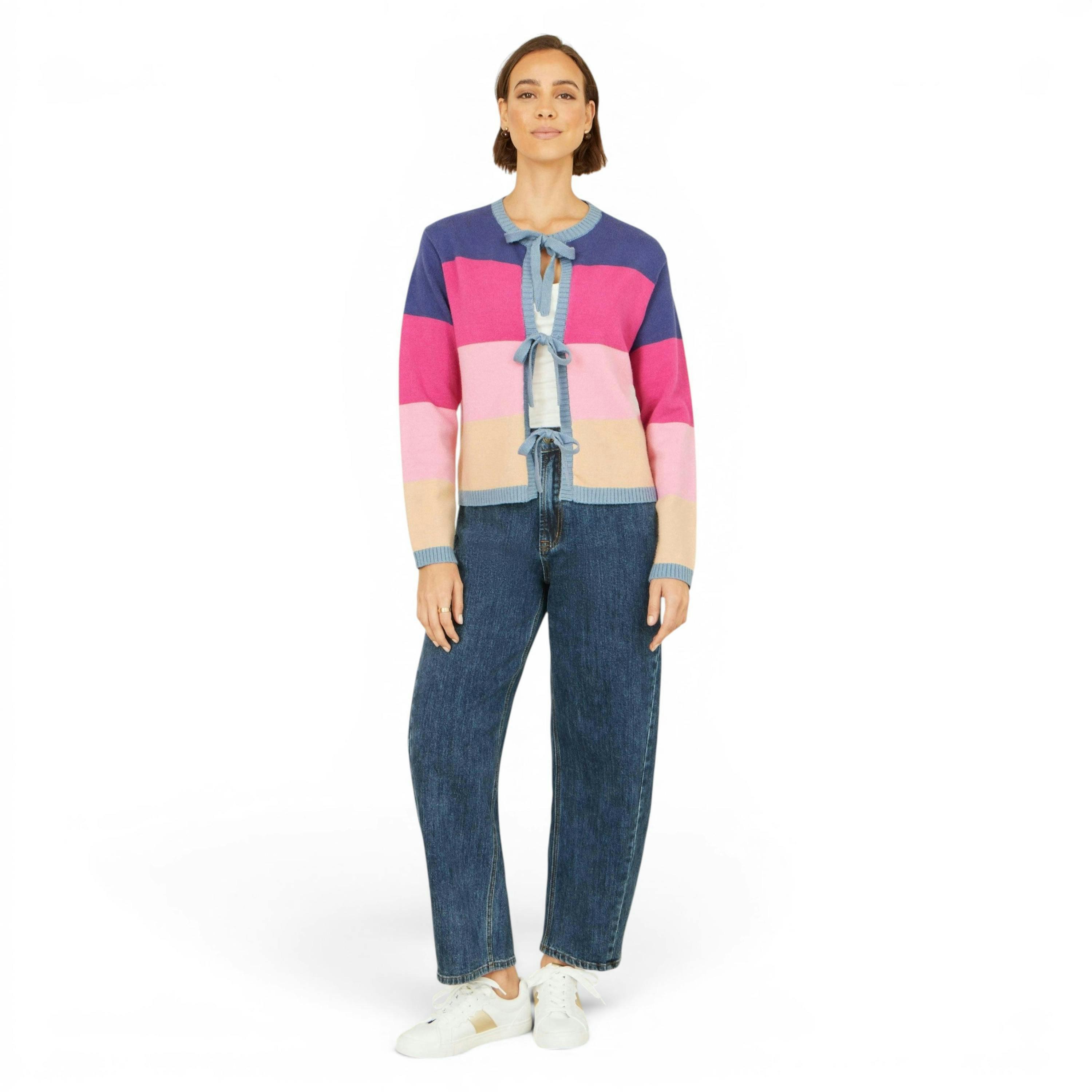 Yumi Multicolour Block Stripe Tie Front Cardigan , view 2 of 5