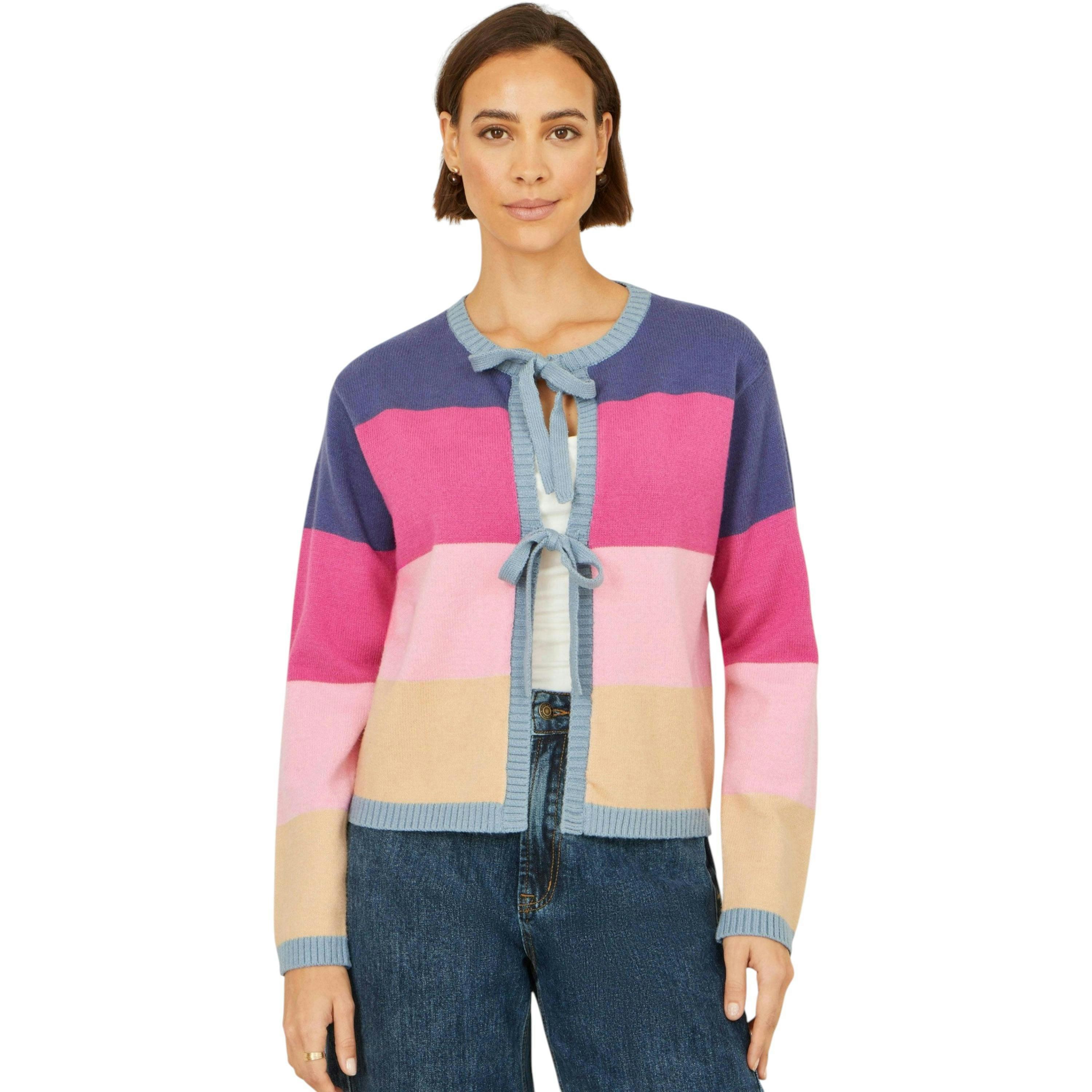 Yumi Multicolour Block Stripe Tie Front Cardigan , view 3 of 5