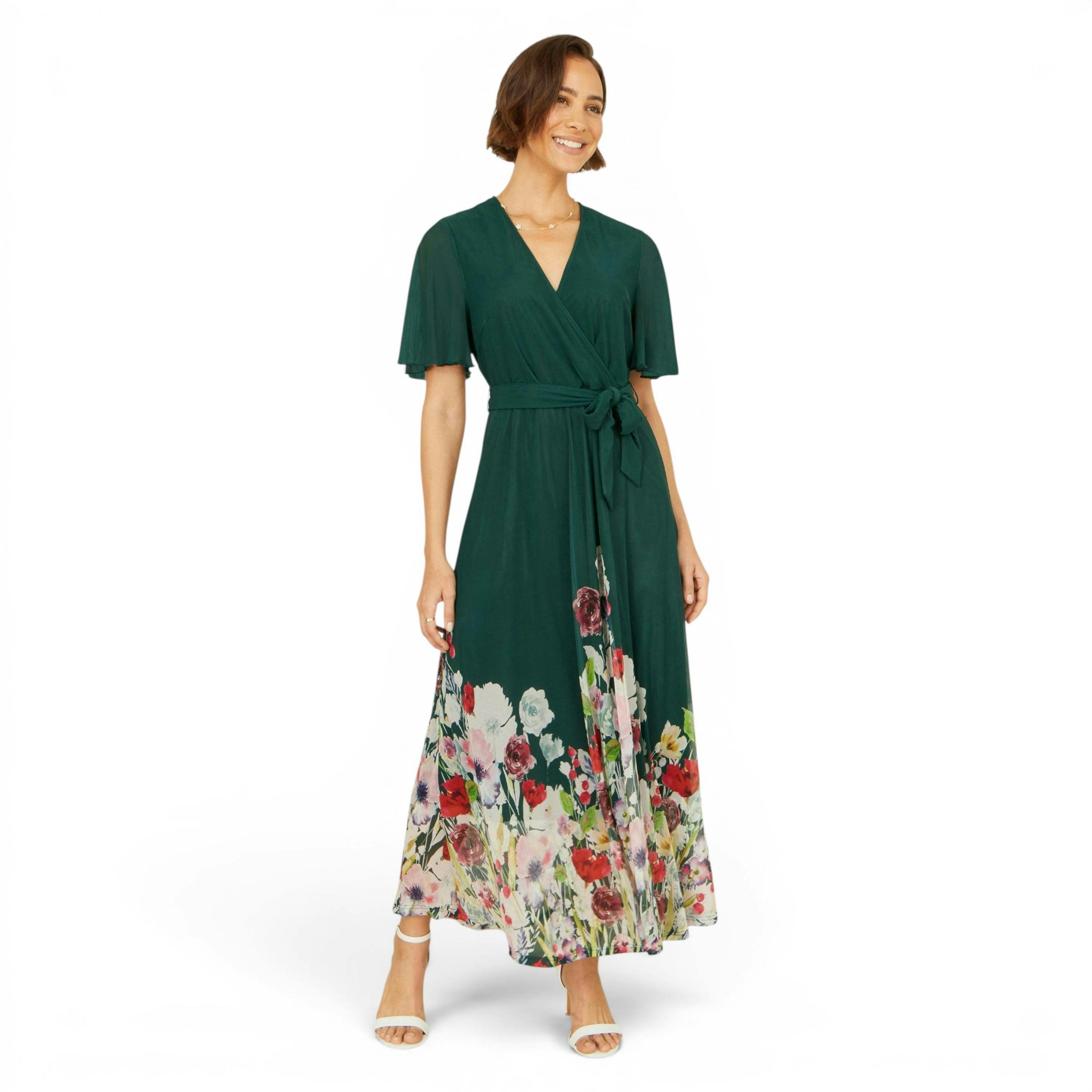 Yumi Green Mesh Wrap Midi Dress With Floral Hem Border , view 1 of 6