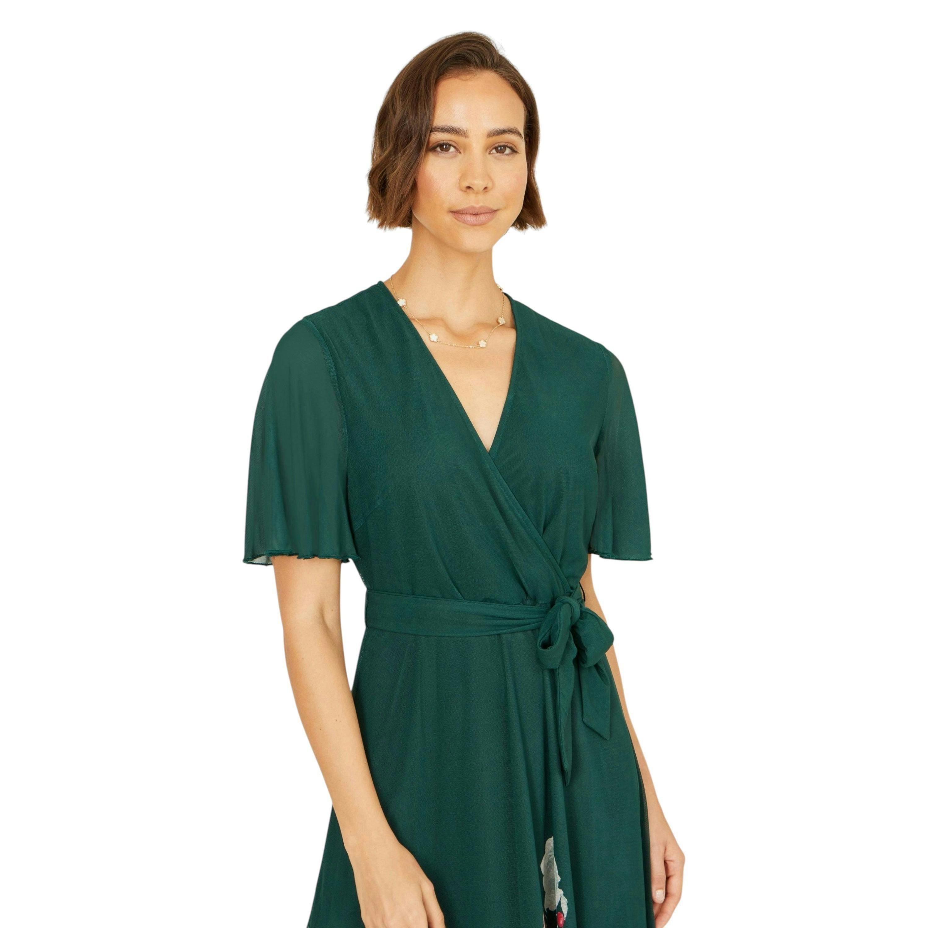 Yumi Green Mesh Wrap Midi Dress With Floral Hem Border , view 2 of 6