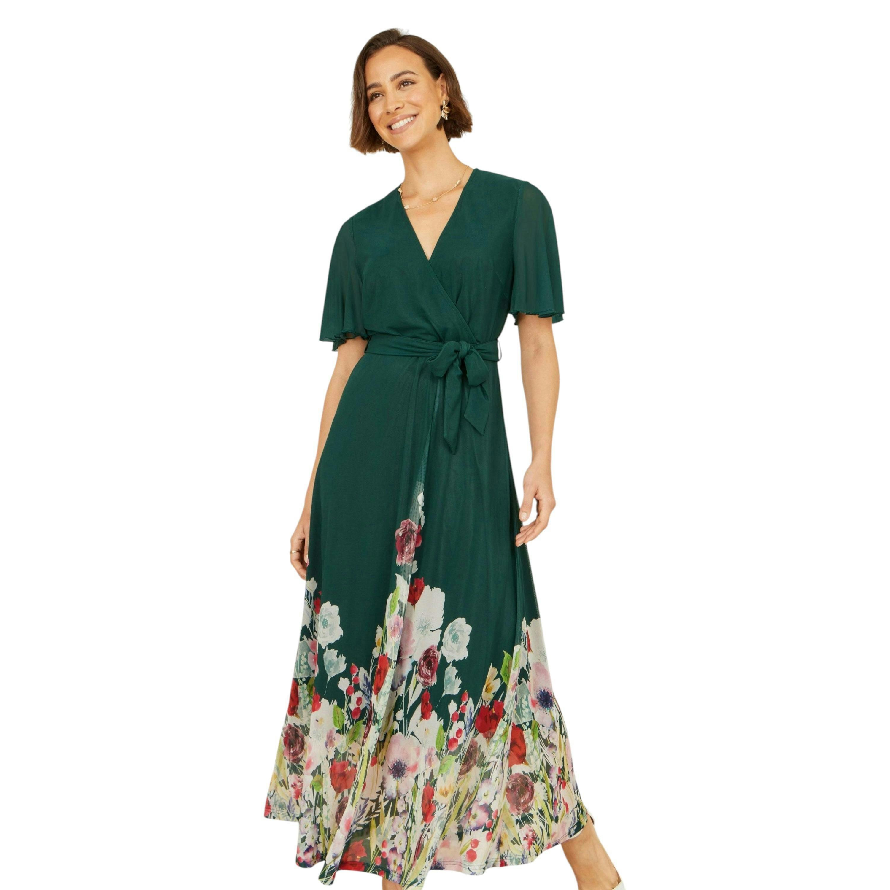 Yumi Green Mesh Wrap Midi Dress With Floral Hem Border , view 3 of 6