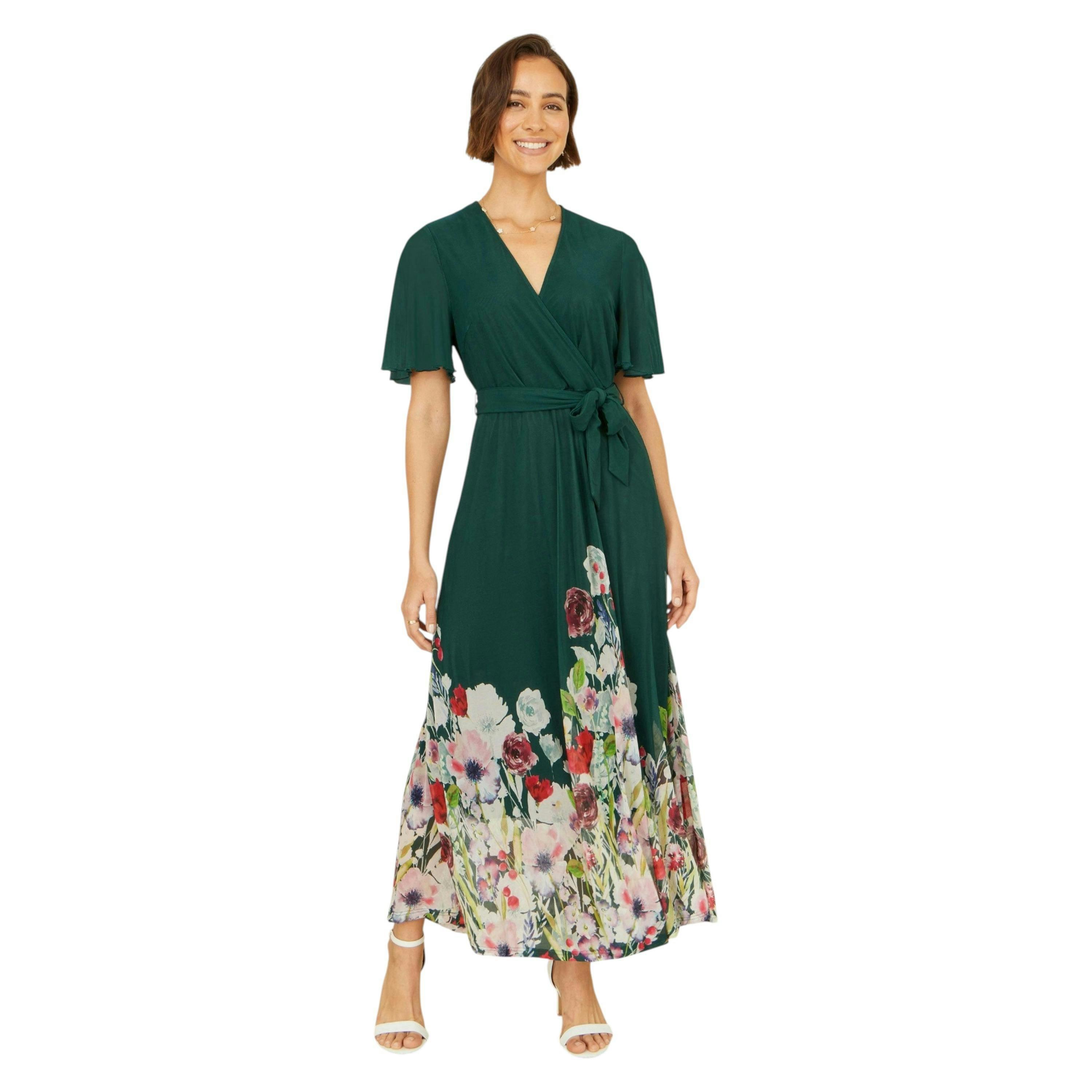 Yumi Green Mesh Wrap Midi Dress With Floral Hem Border , view 4 of 6