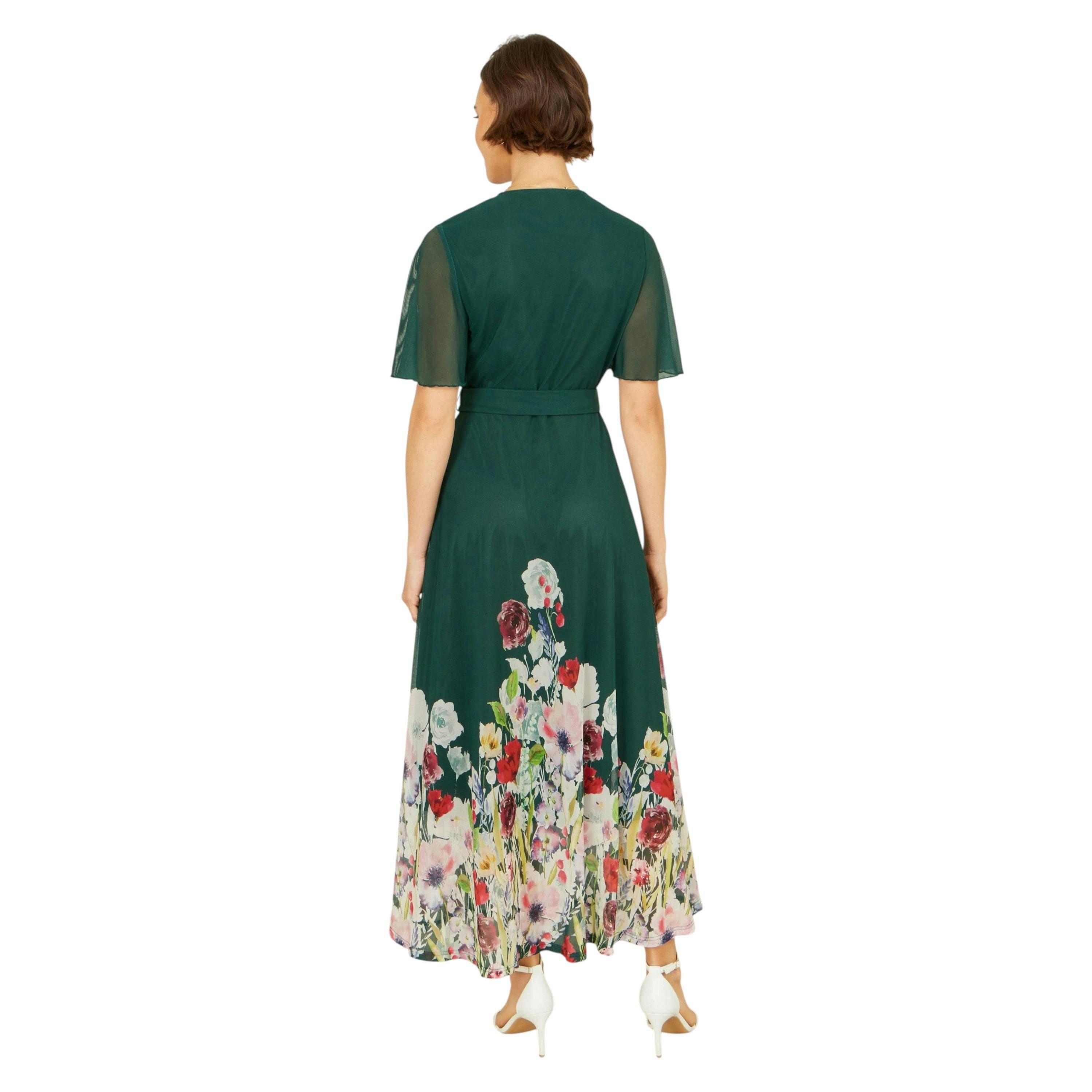 Yumi Green Mesh Wrap Midi Dress With Floral Hem Border , view 5 of 6