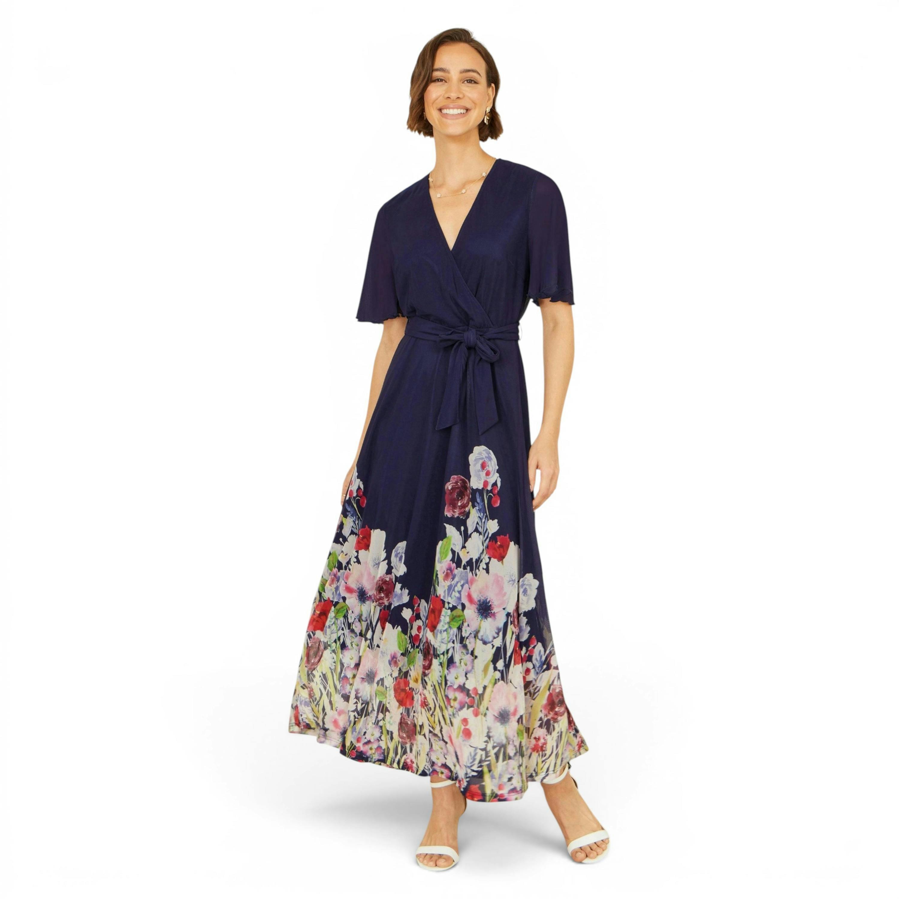 Yumi Navy Mesh Wrap Midi Dress With Floral Hem Border , view 1 of 6