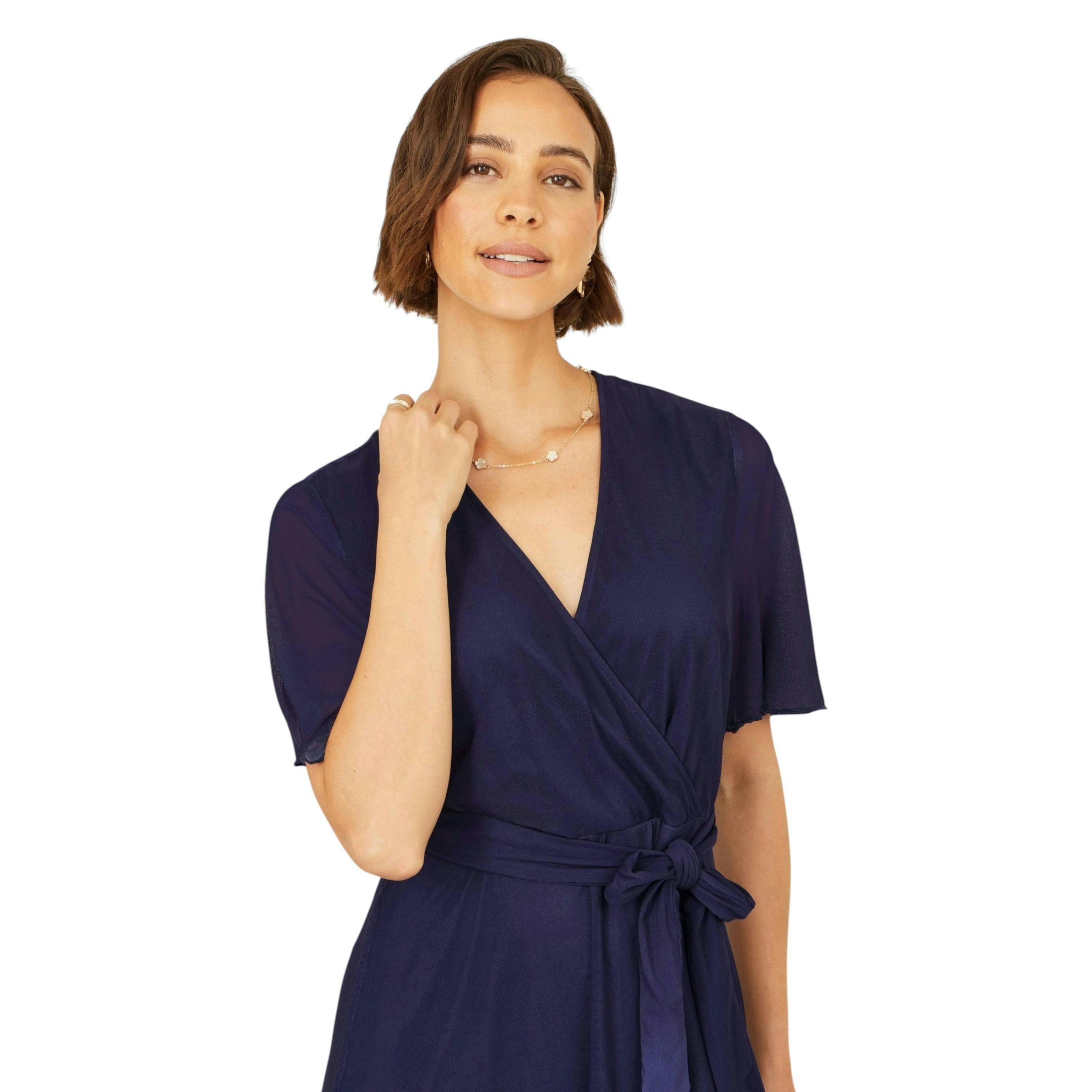 Yumi Navy Mesh Wrap Midi Dress With Floral Hem Border , view 2 of 6