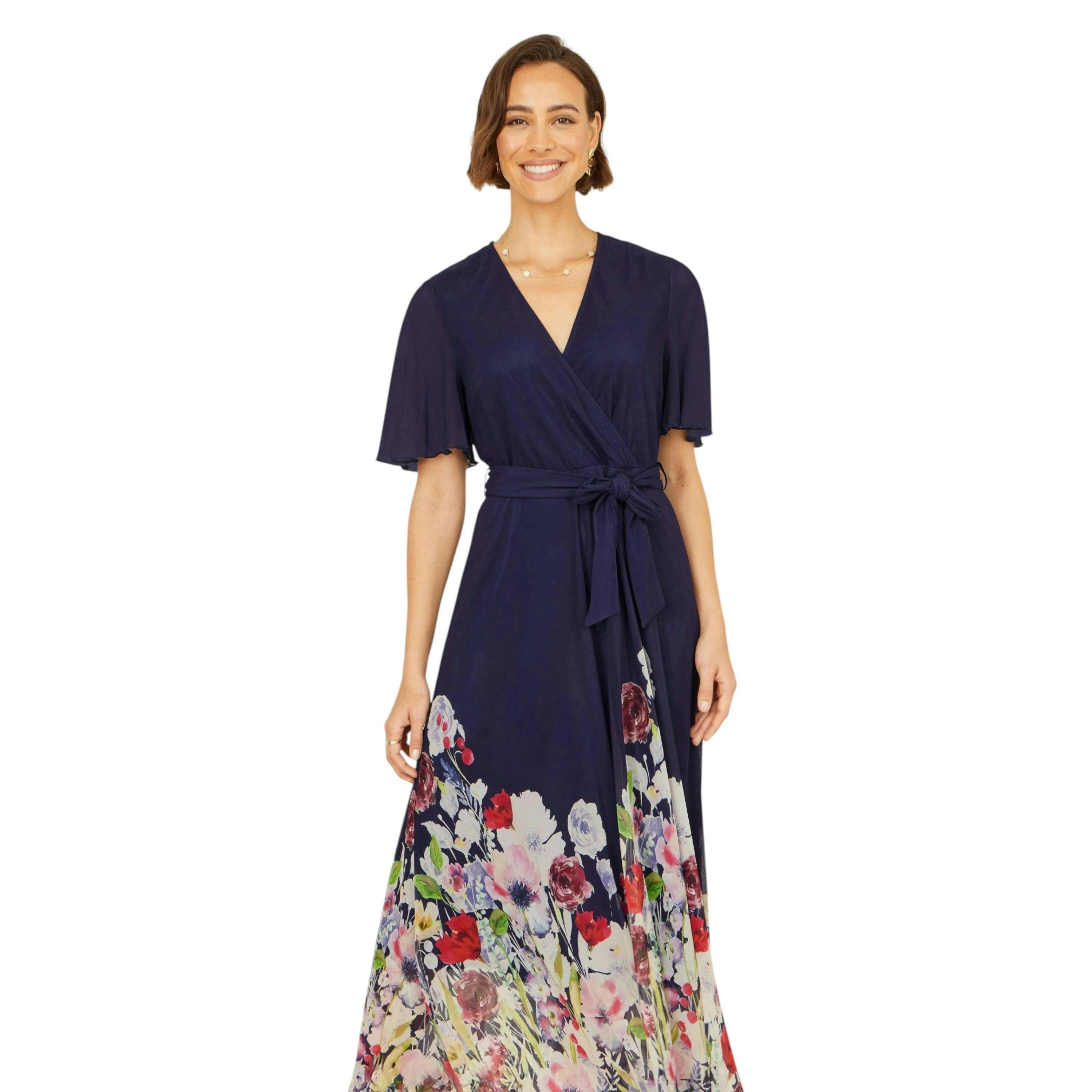Yumi Navy Mesh Wrap Midi Dress With Floral Hem Border , view 3 of 6
