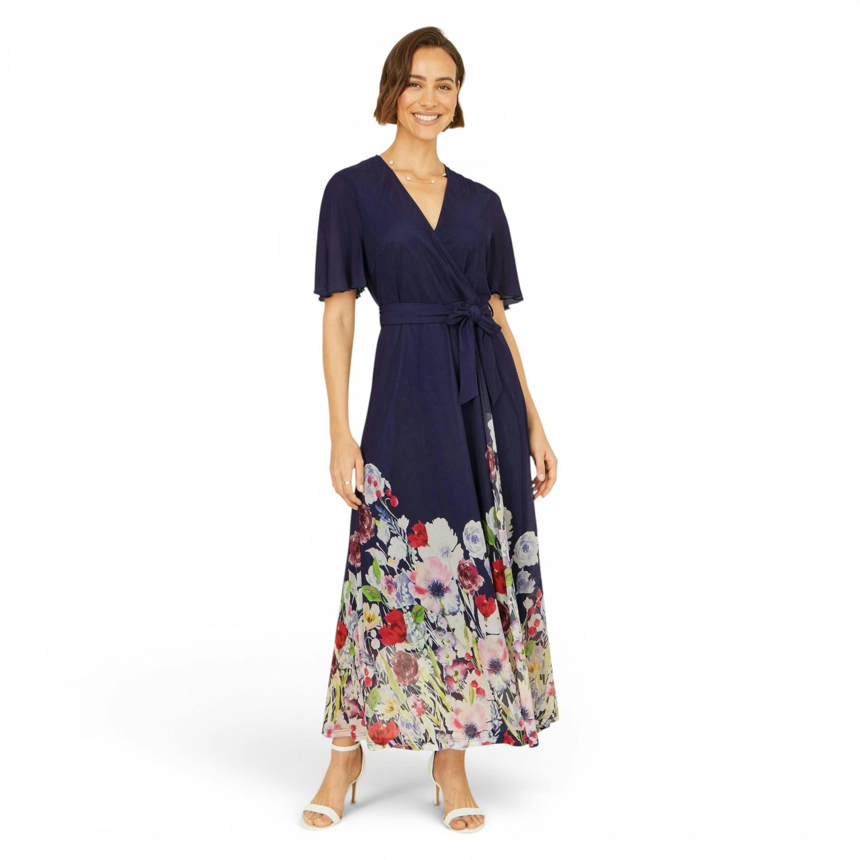 Yumi Navy Mesh Wrap Midi Dress With Floral Hem Border , view 4 of 6