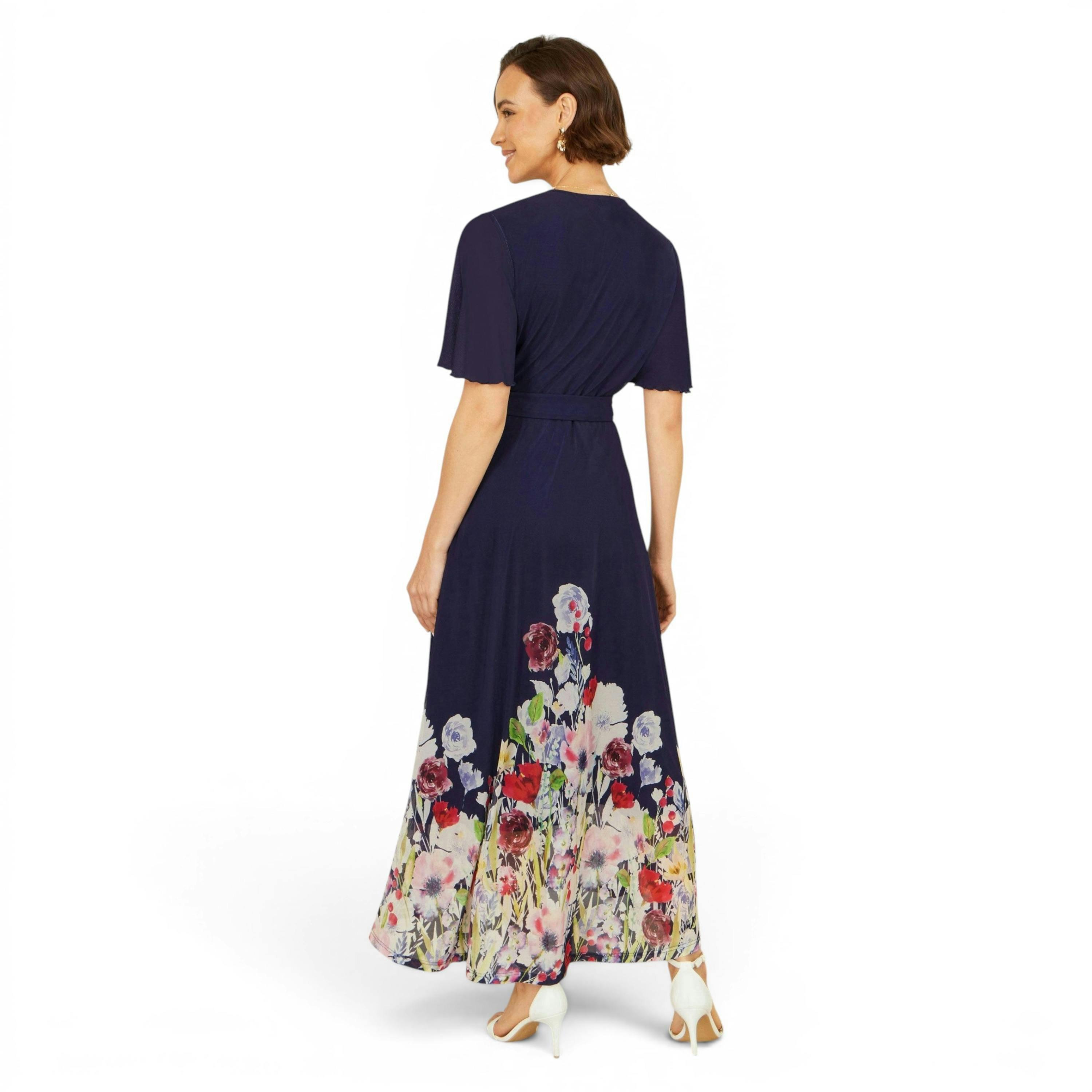 Yumi Navy Mesh Wrap Midi Dress With Floral Hem Border , view 5 of 6