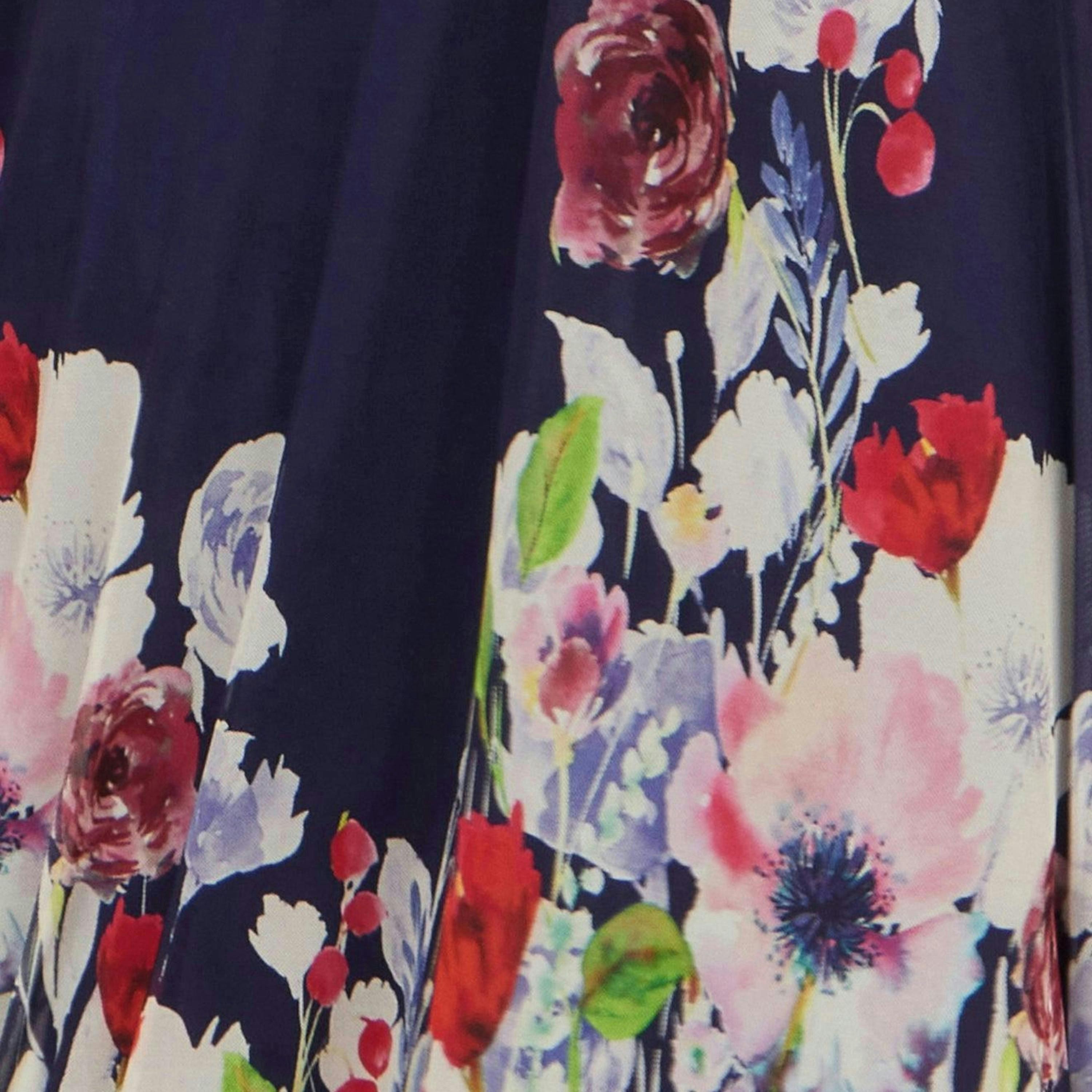 Yumi Navy Mesh Wrap Midi Dress With Floral Hem Border , view 6 of 6