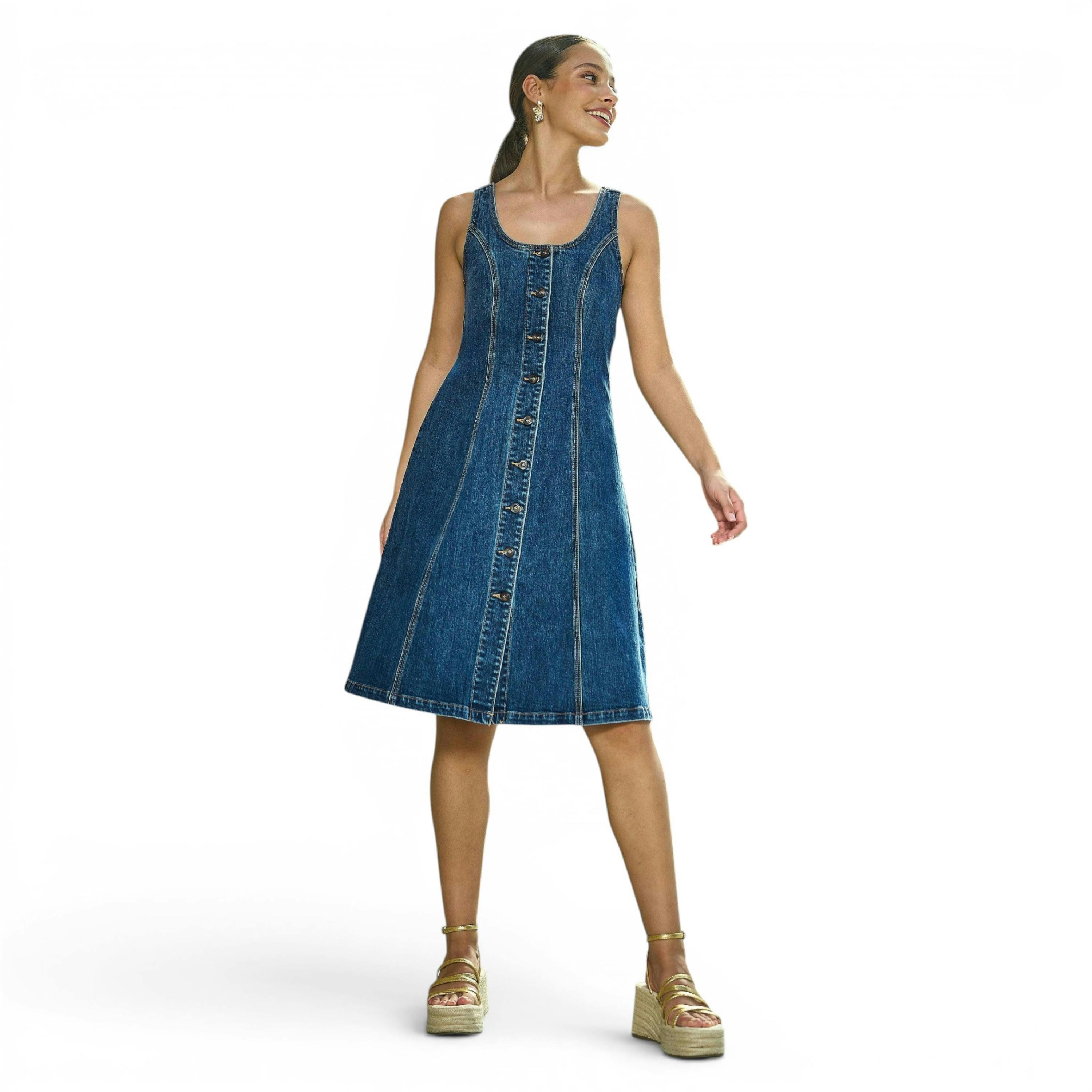 Yumi Blue Stretch Denim Panel Fitted Dress , view 1 of 6