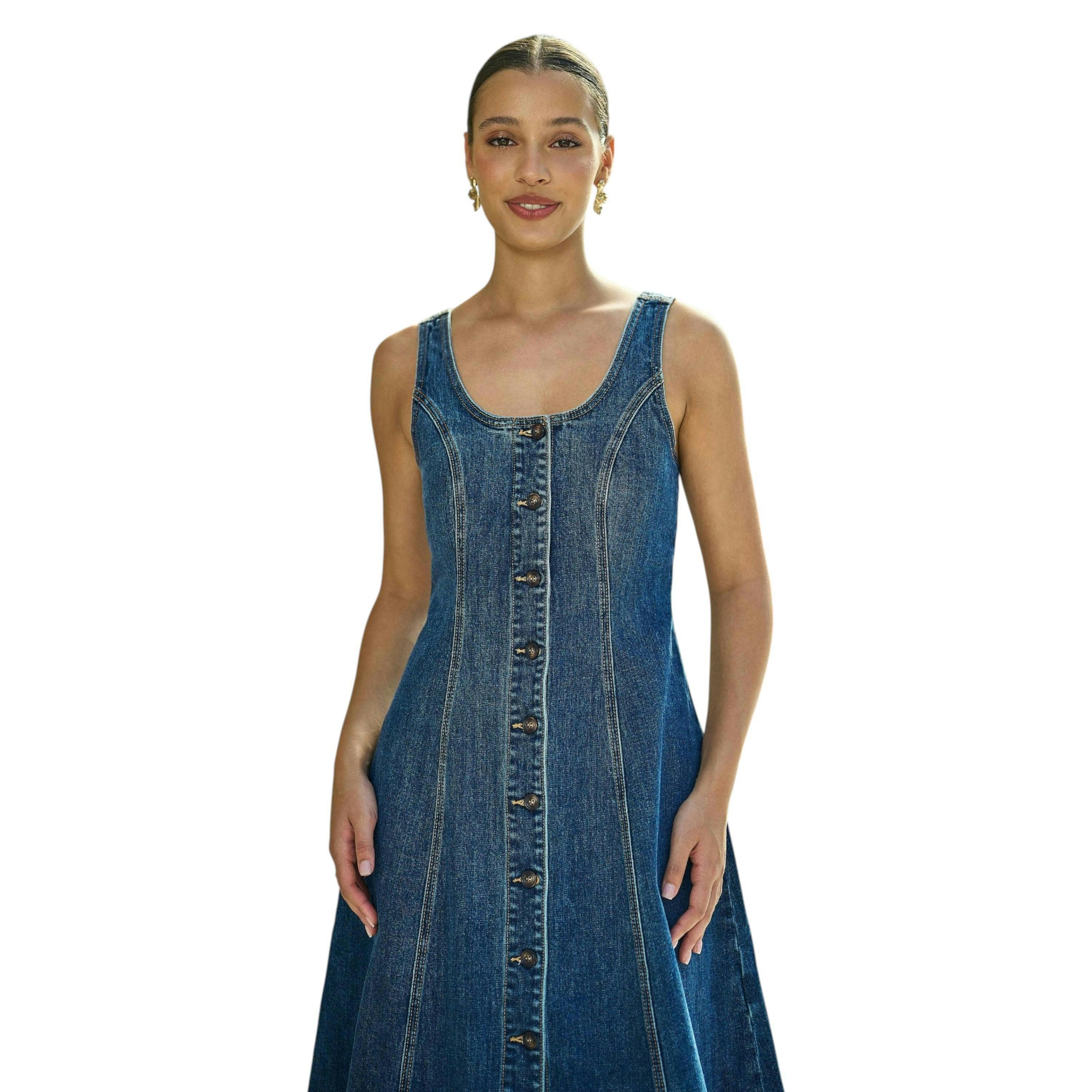 Yumi Blue Stretch Denim Panel Fitted Dress , view 2 of 6