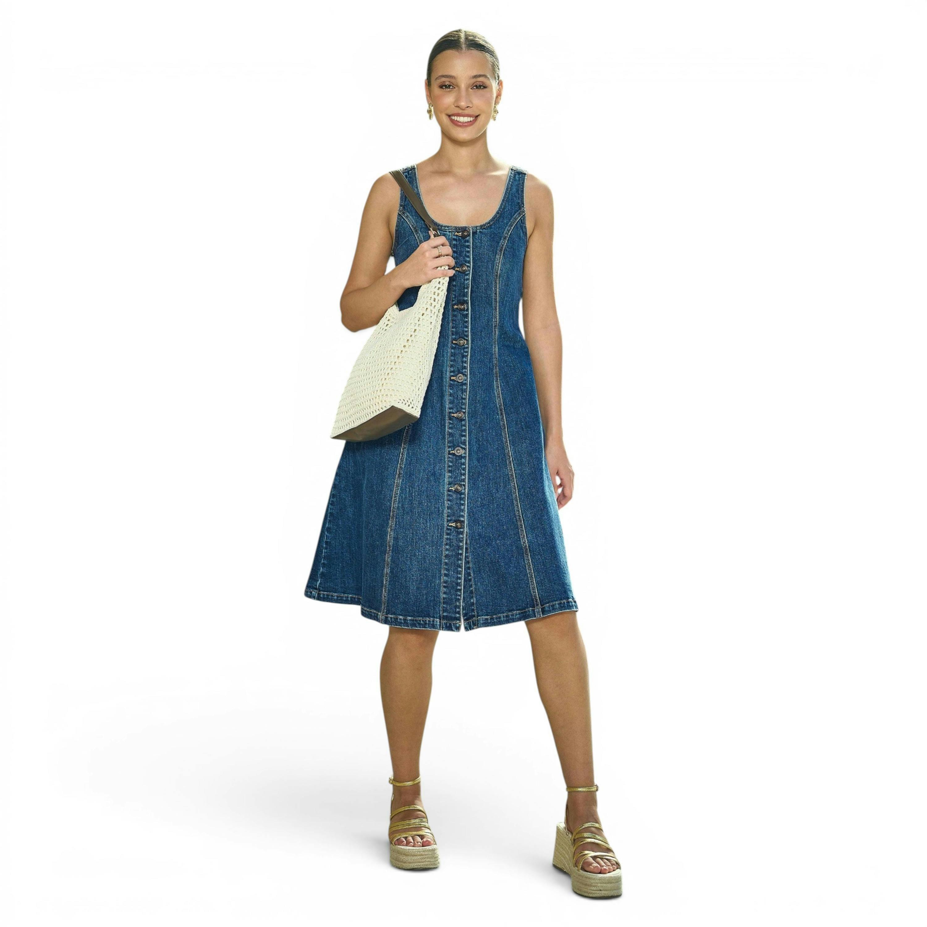 Yumi Blue Stretch Denim Panel Fitted Dress , view 3 of 6