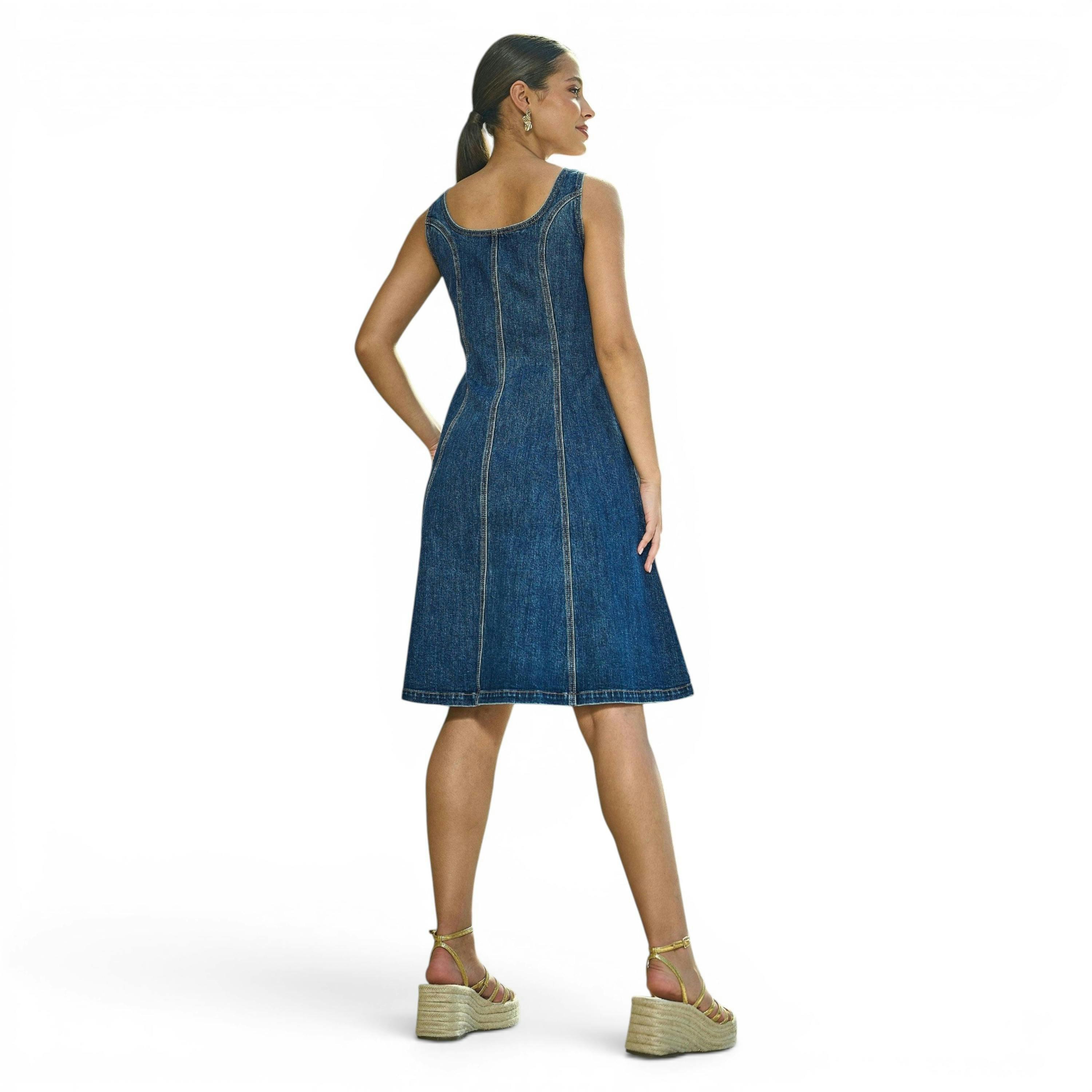 Yumi Blue Stretch Denim Panel Fitted Dress , view 4 of 6