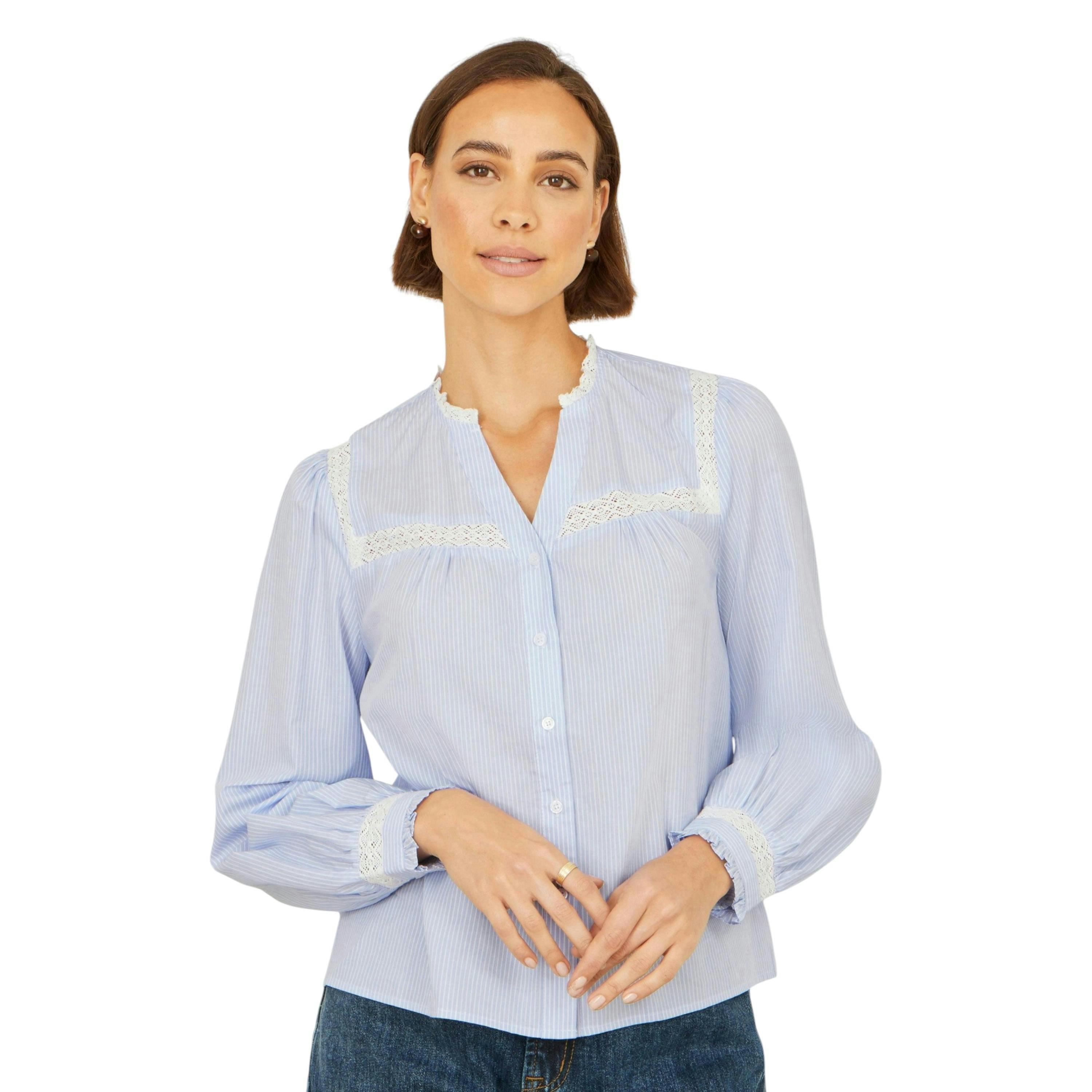 Yumi Blue Stripe Shirt With Lace Detail , view 1 of 5