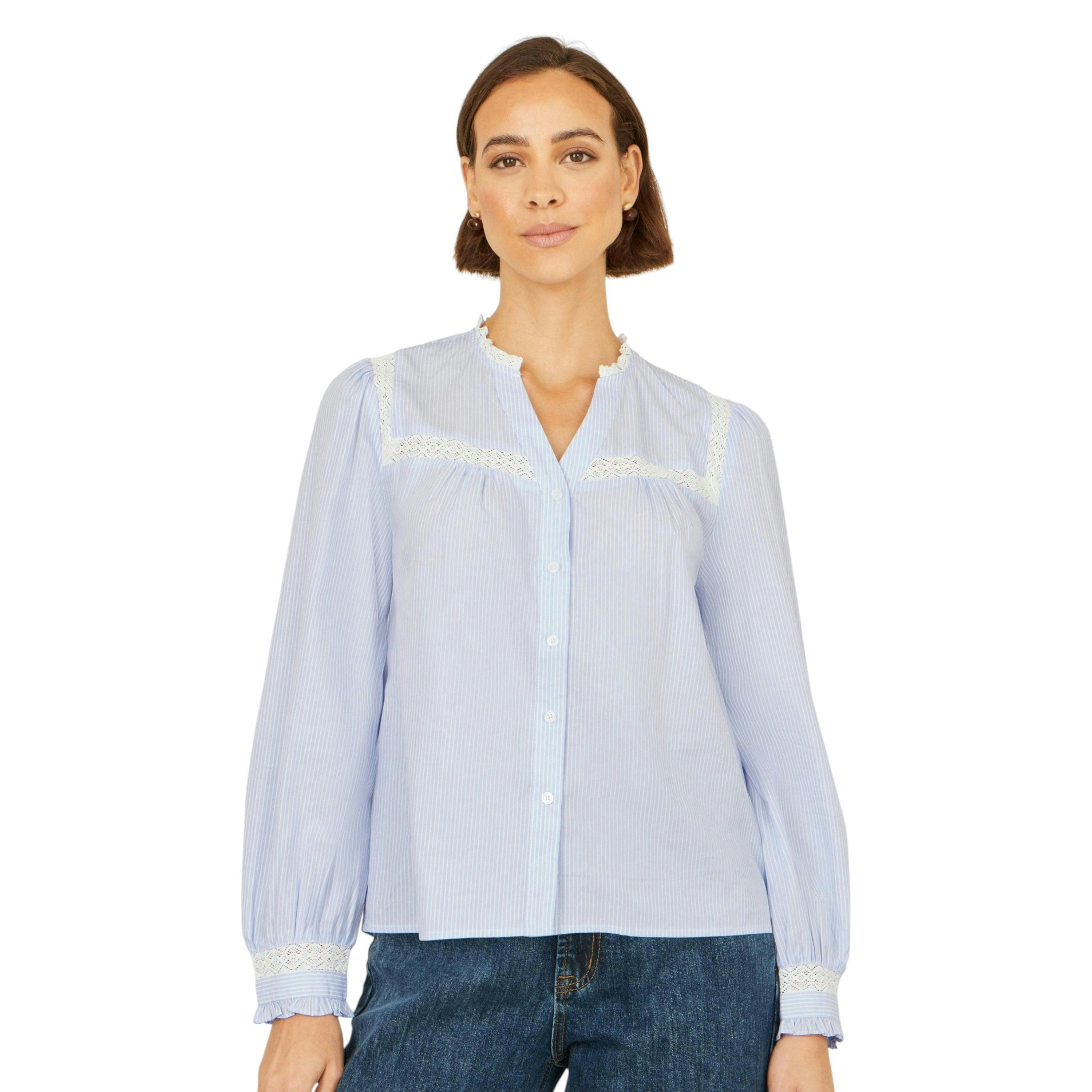 Yumi Blue Stripe Shirt With Lace Detail , view 4 of 5