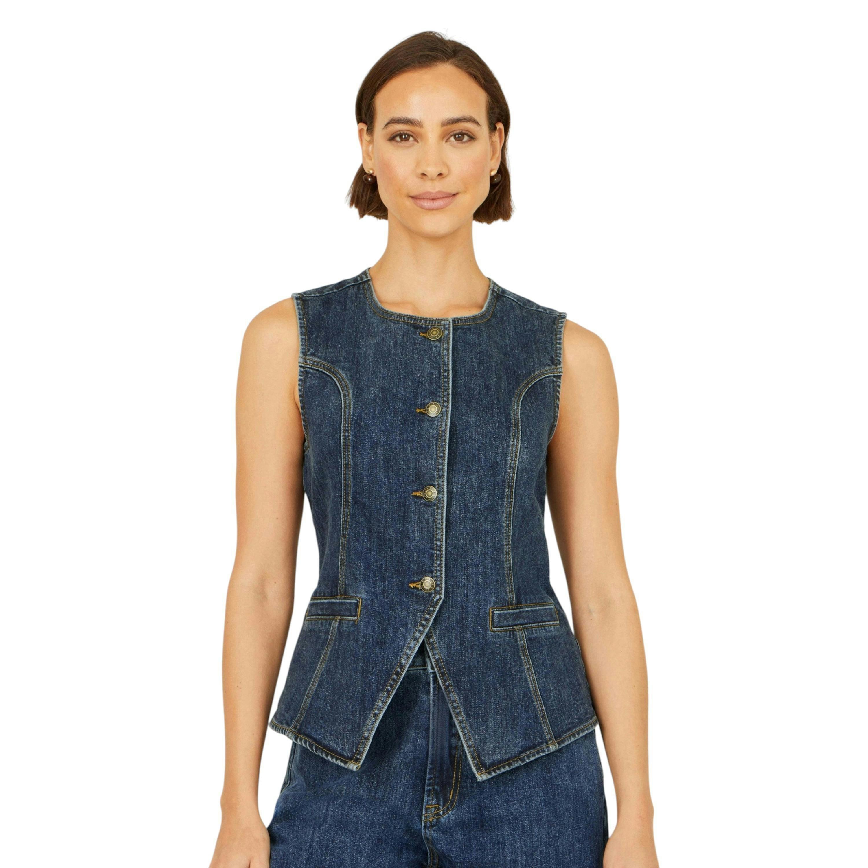 Yumi Blue Stretch Long Denim Waistcoat , view 1 of 6