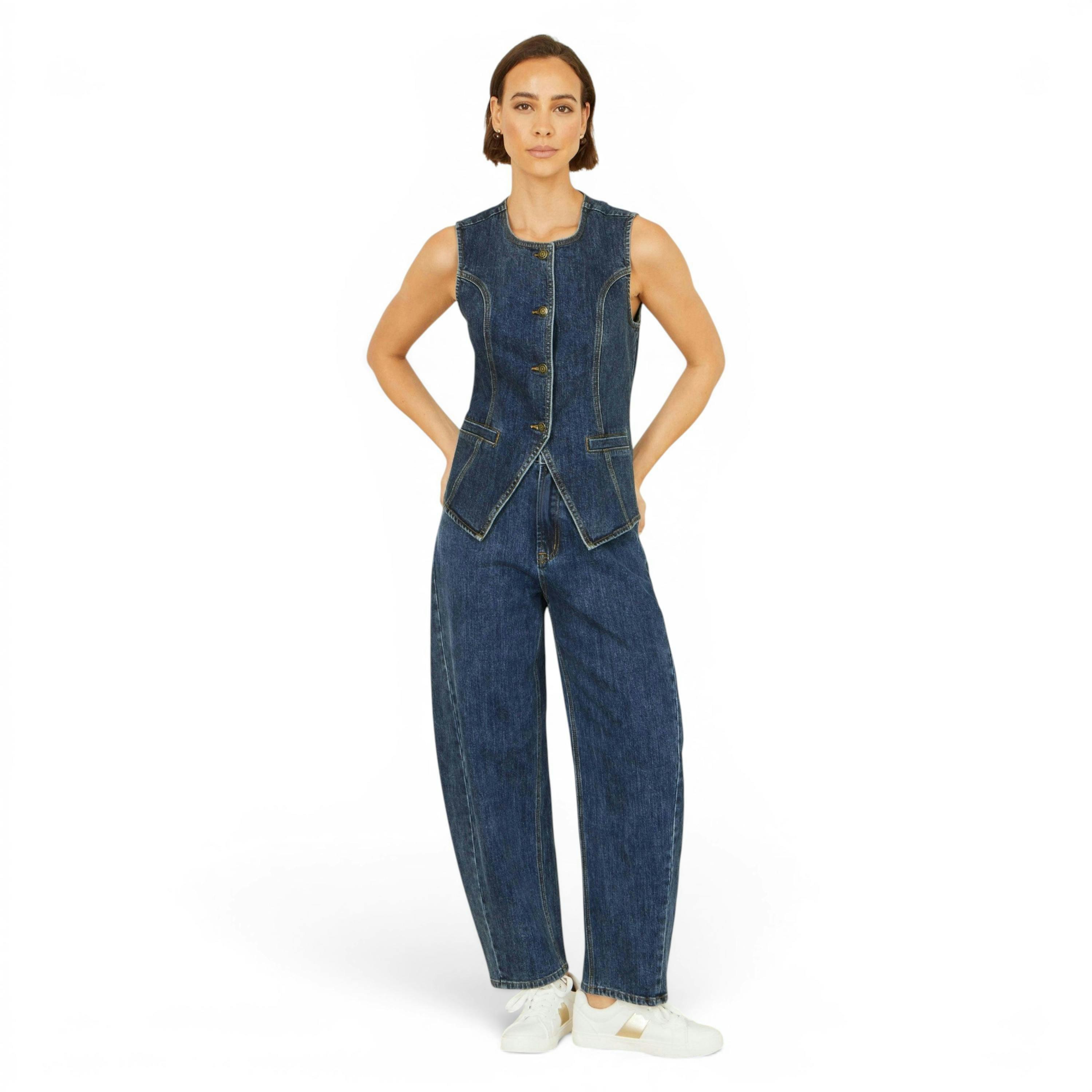 Yumi Blue Stretch Long Denim Waistcoat , view 2 of 6
