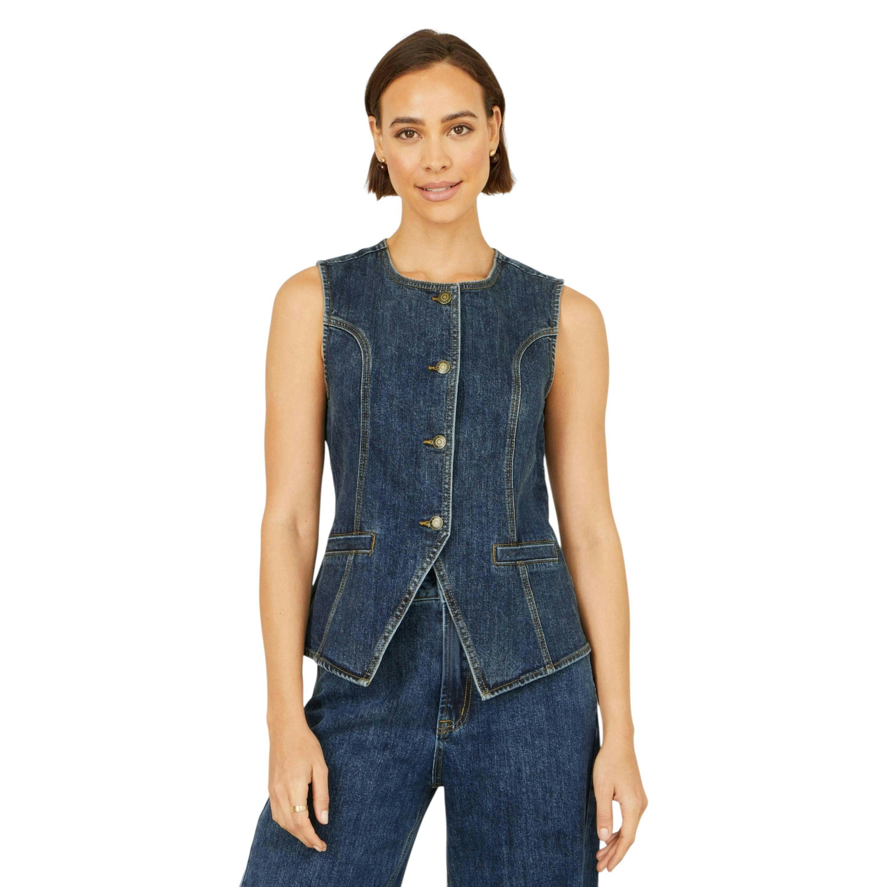 Yumi Blue Stretch Long Denim Waistcoat , view 3 of 6