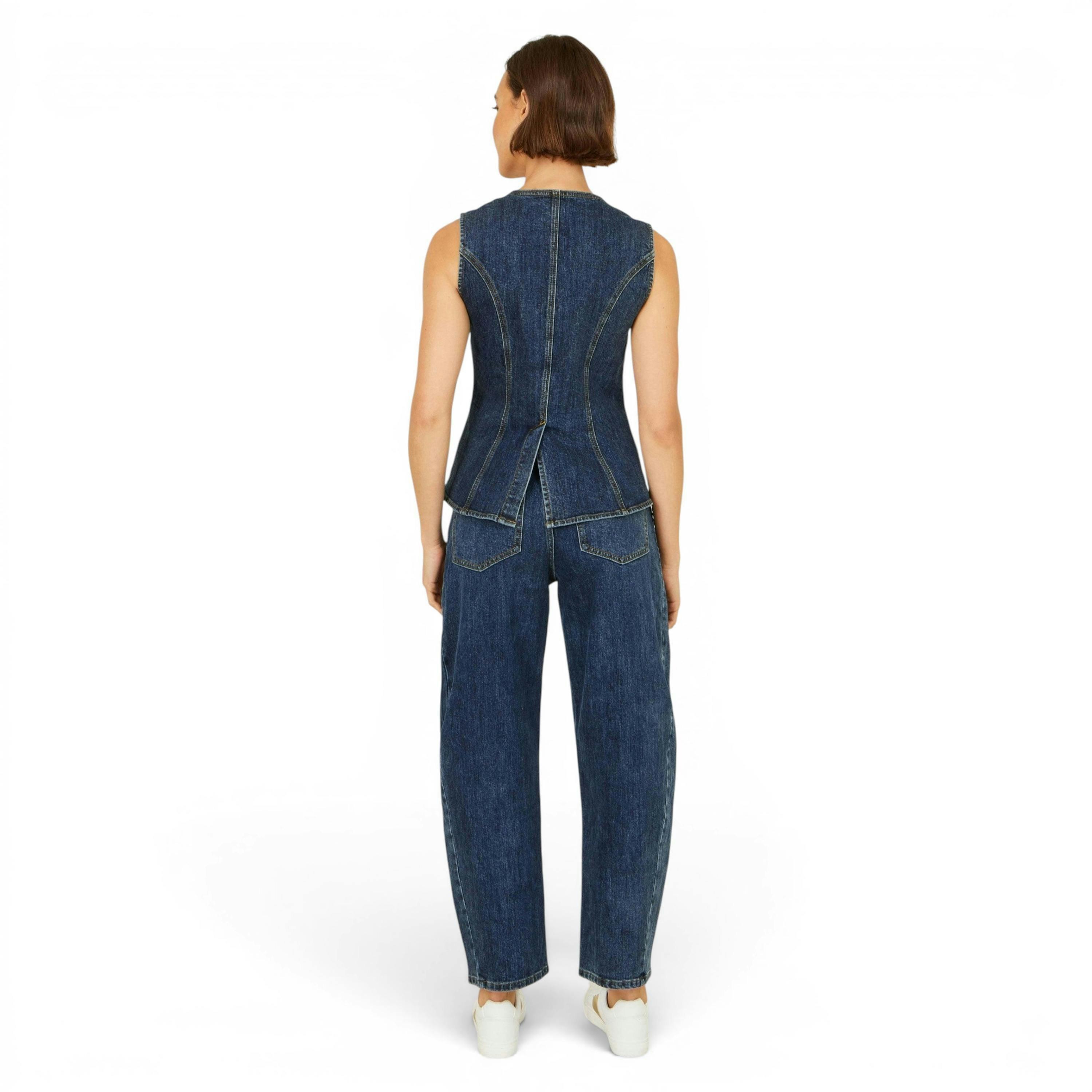 Yumi Blue Stretch Long Denim Waistcoat , view 4 of 6