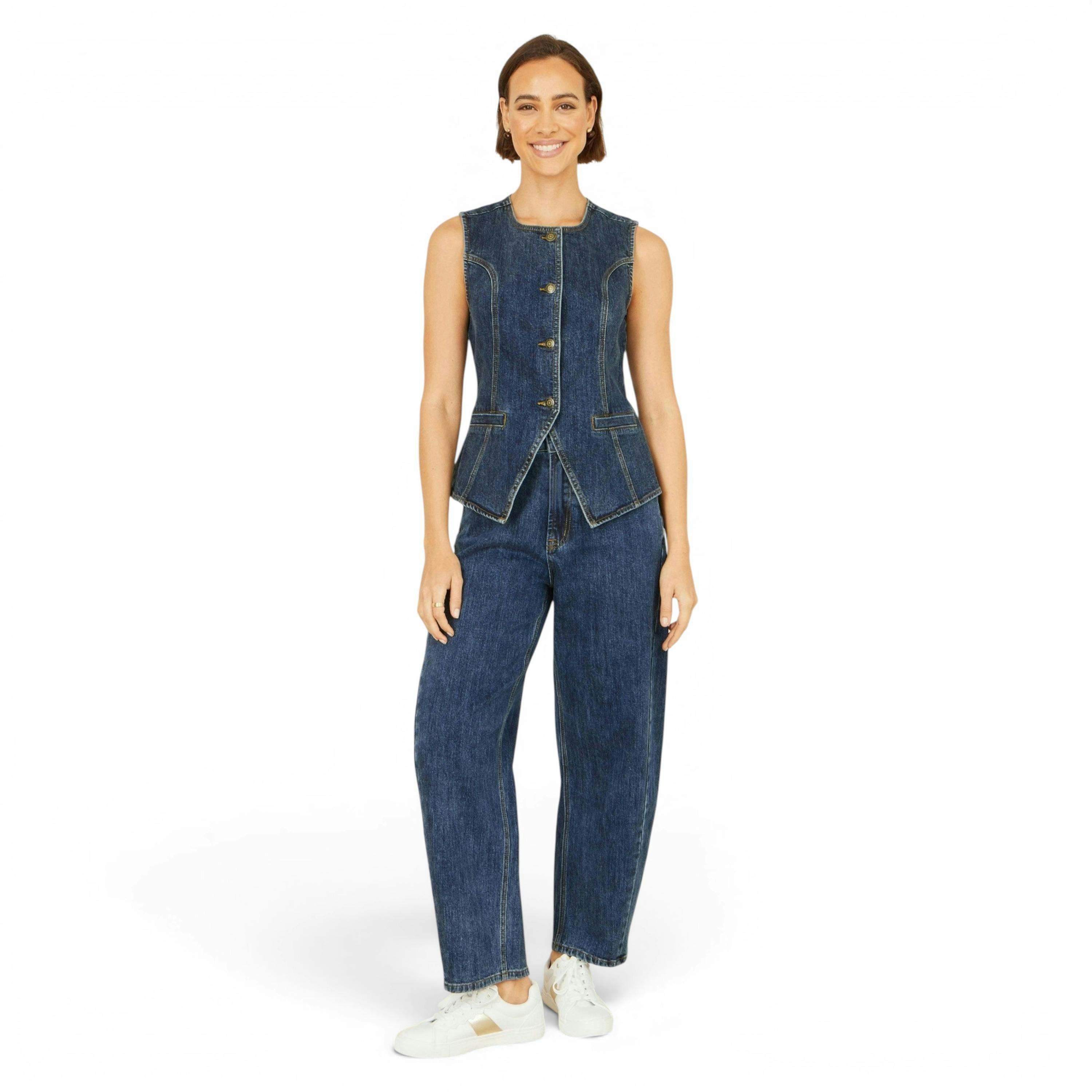 Yumi Blue Stretch Long Denim Waistcoat , view 5 of 6