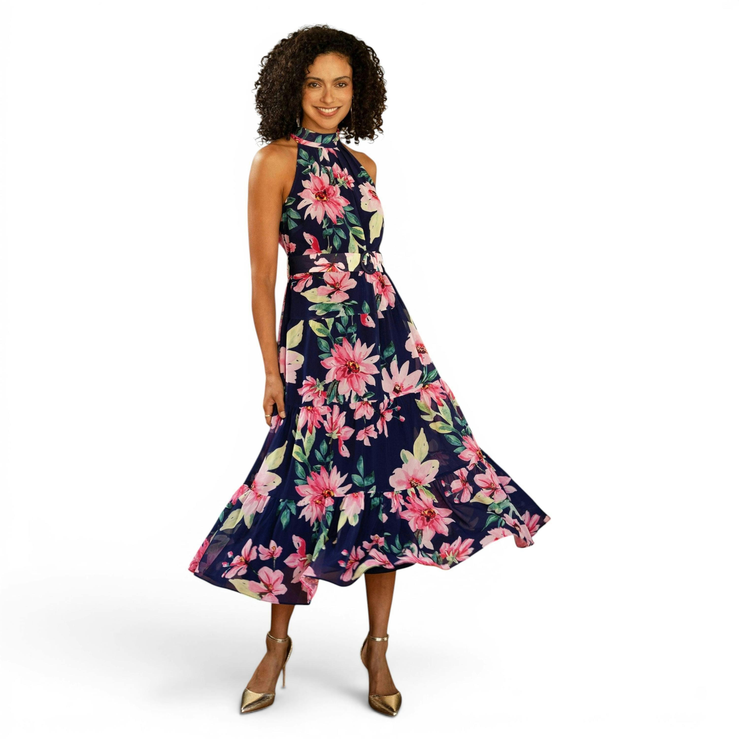 Yumi Navy Floral Halter Neck Midi Dress With Matching Belt , view 1 of 6