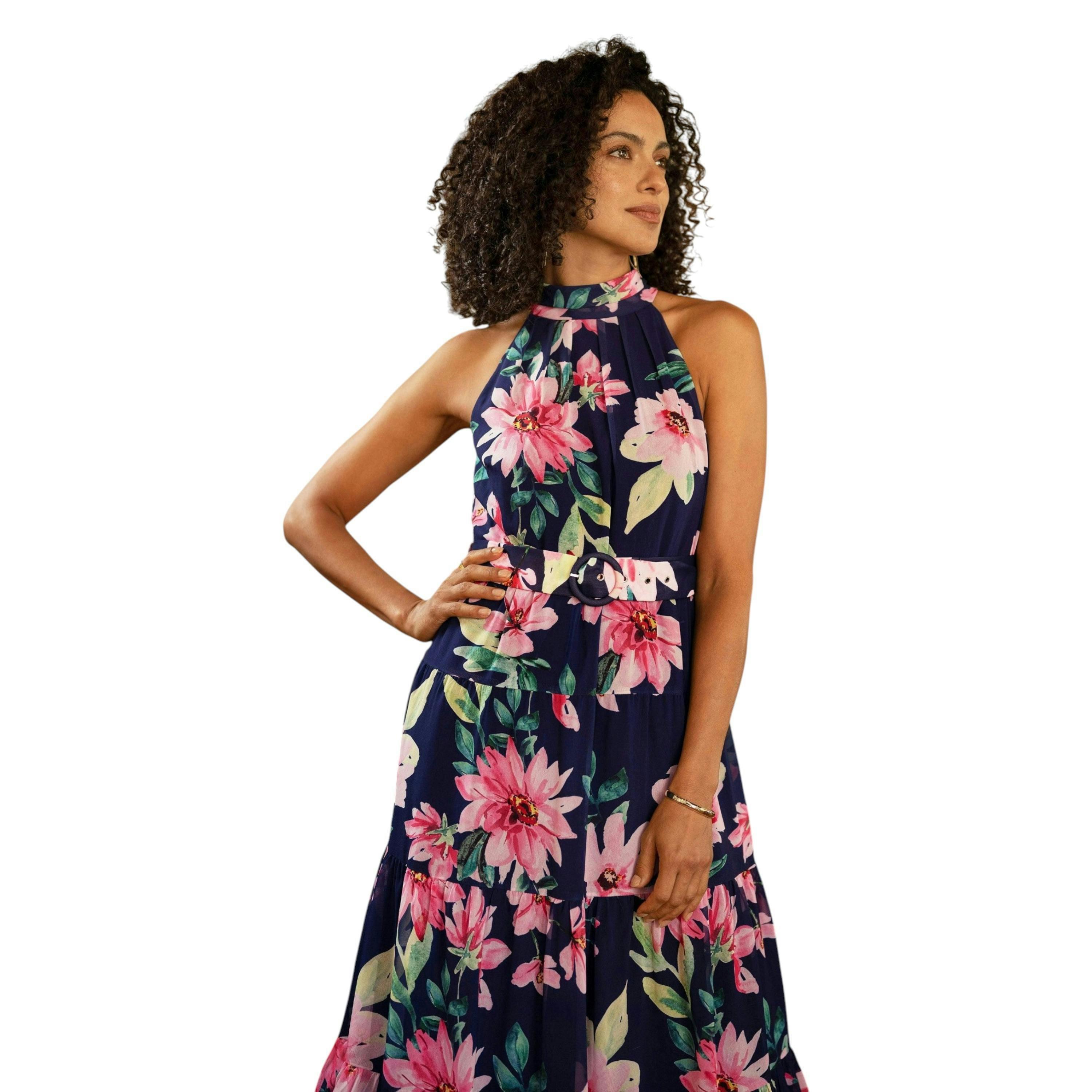 Yumi Navy Floral Halter Neck Midi Dress With Matching Belt , view 2 of 6