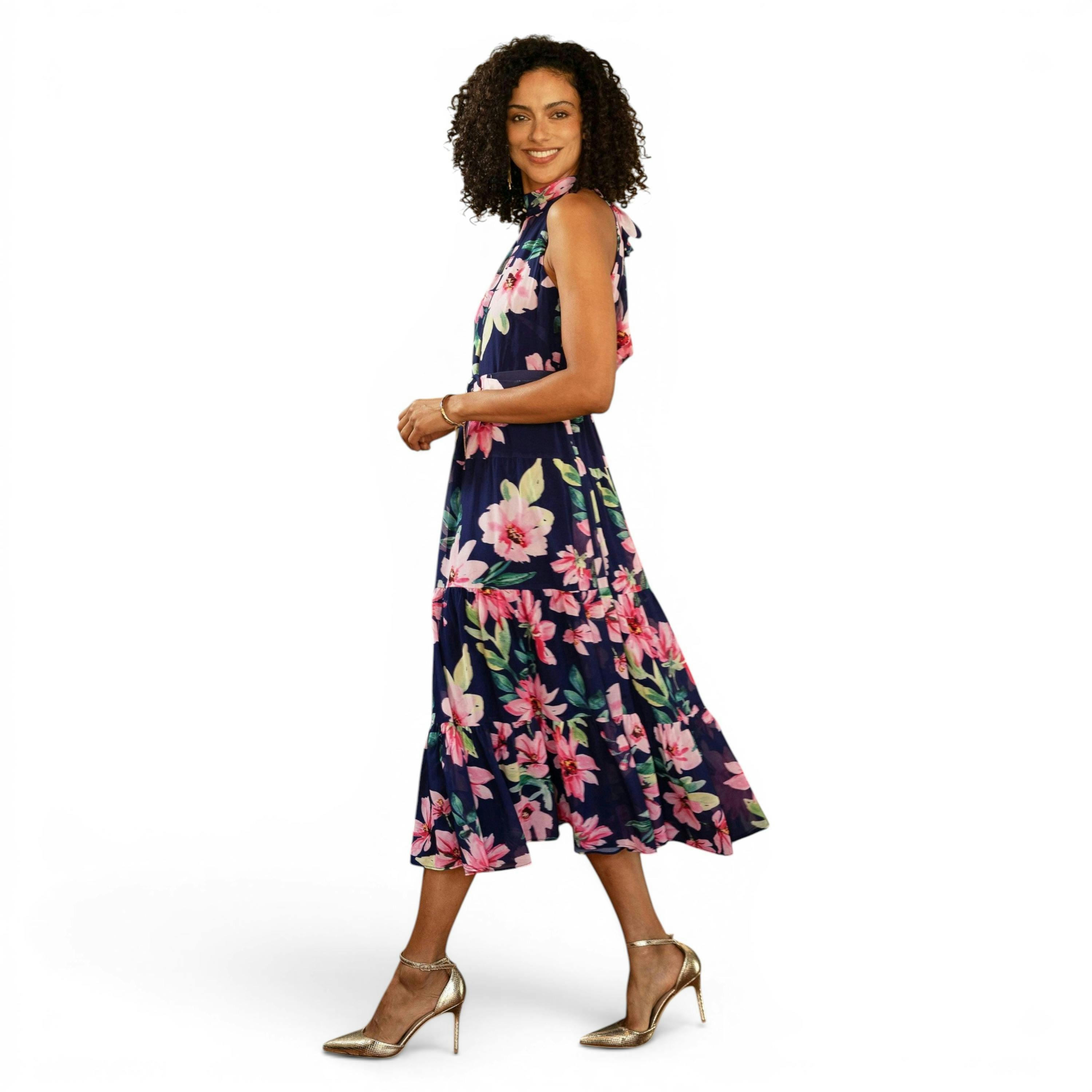 Yumi Navy Floral Halter Neck Midi Dress With Matching Belt , view 3 of 6