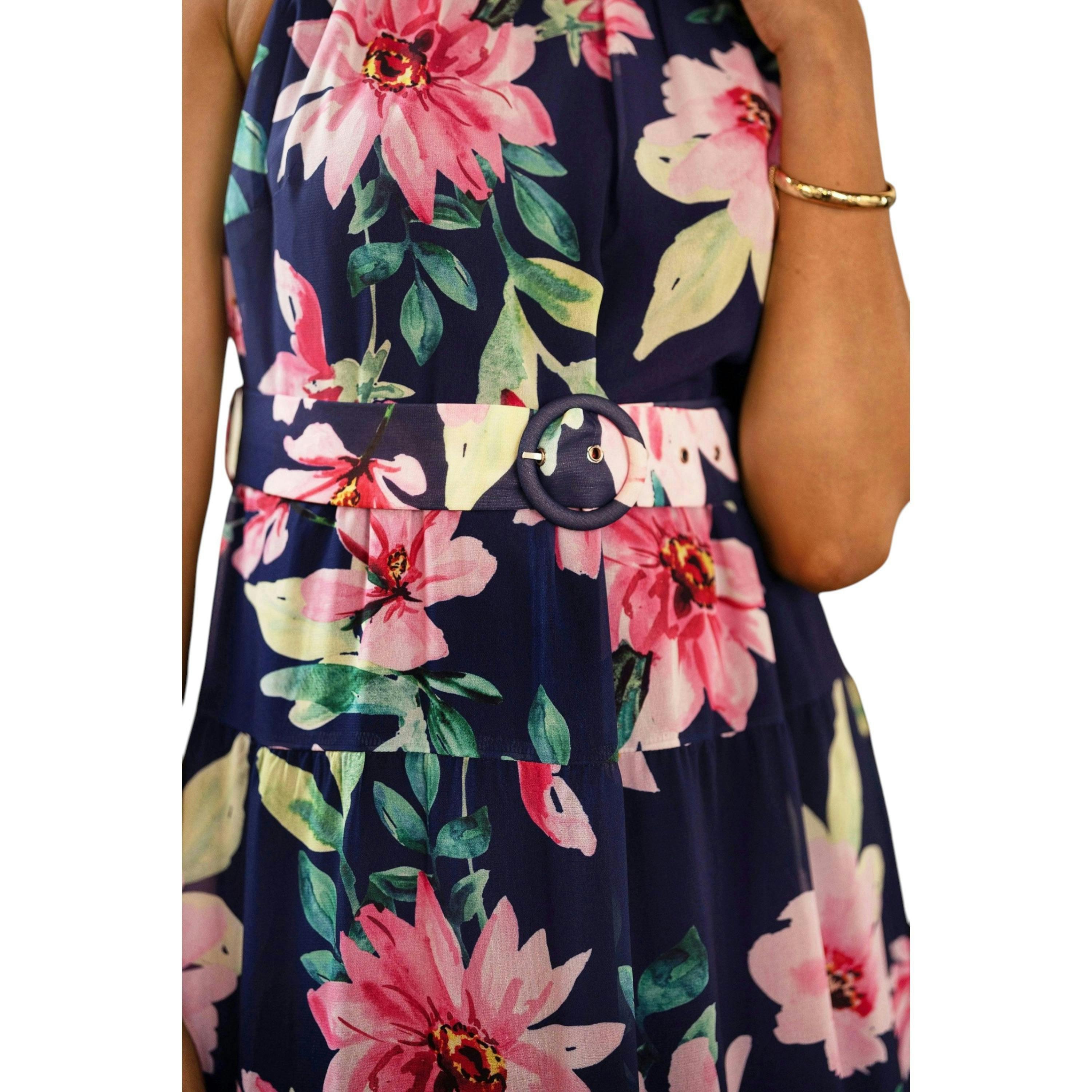 Yumi Navy Floral Halter Neck Midi Dress With Matching Belt , view 4 of 6