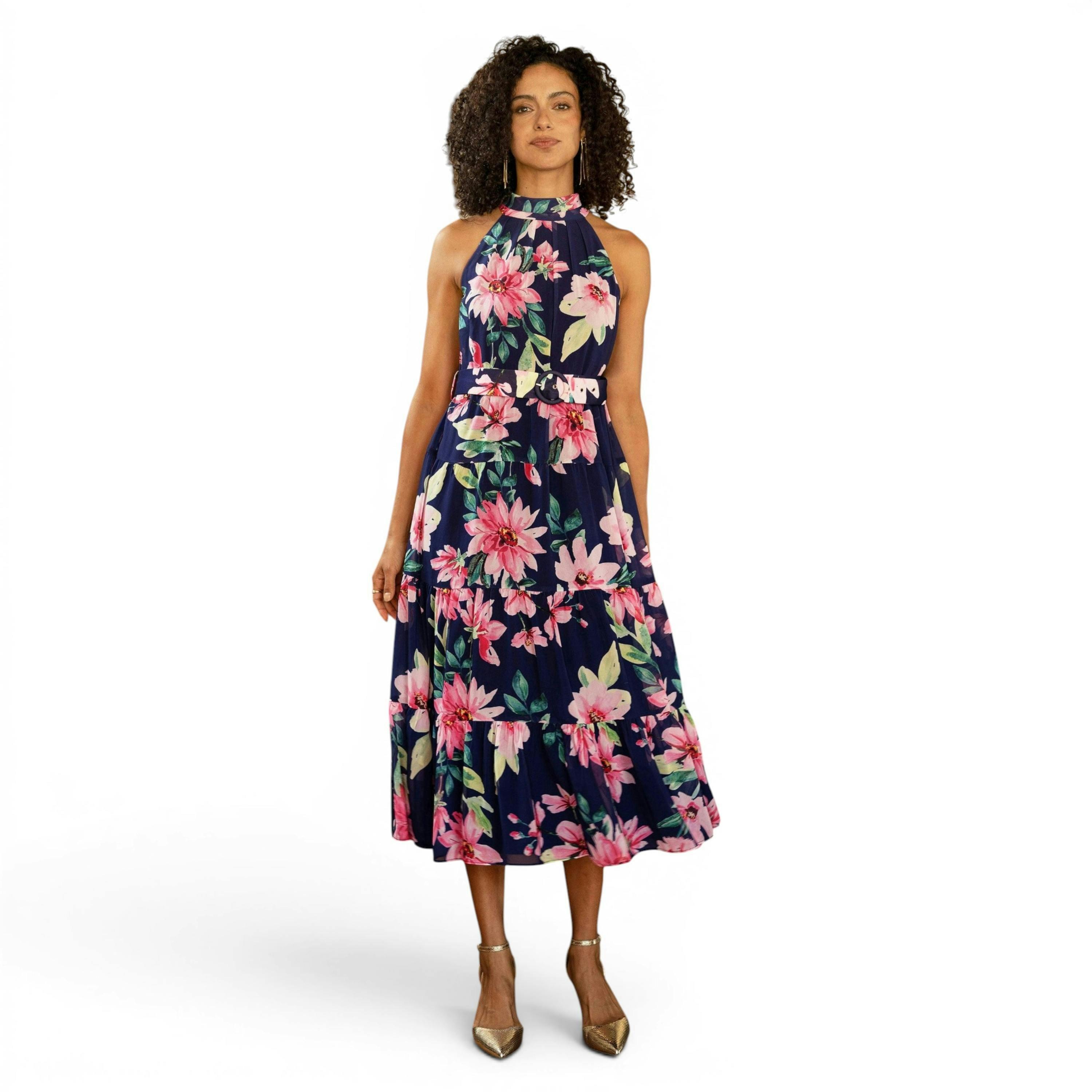 Yumi Navy Floral Halter Neck Midi Dress With Matching Belt , view 5 of 6