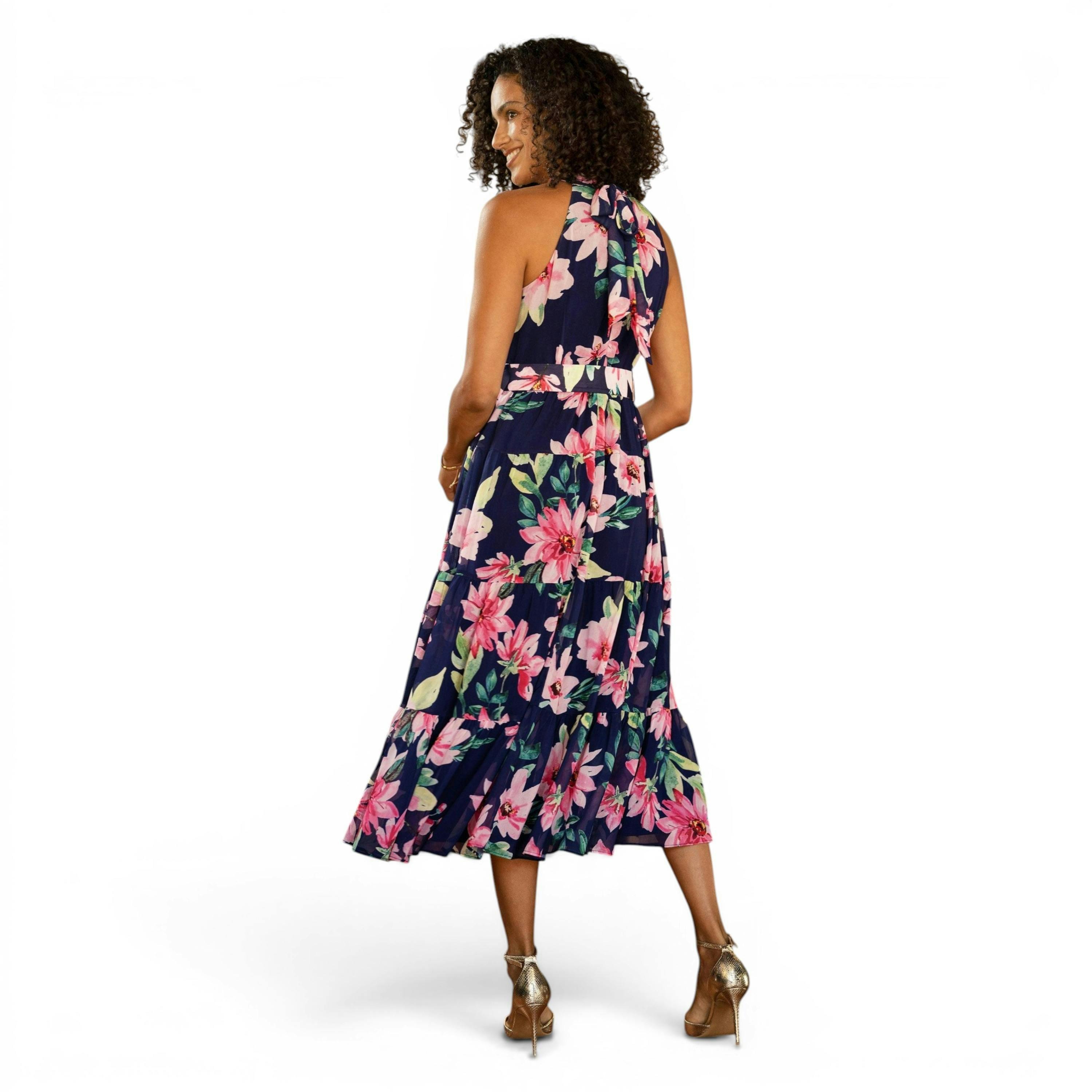 Yumi Navy Floral Halter Neck Midi Dress With Matching Belt , view 6 of 6