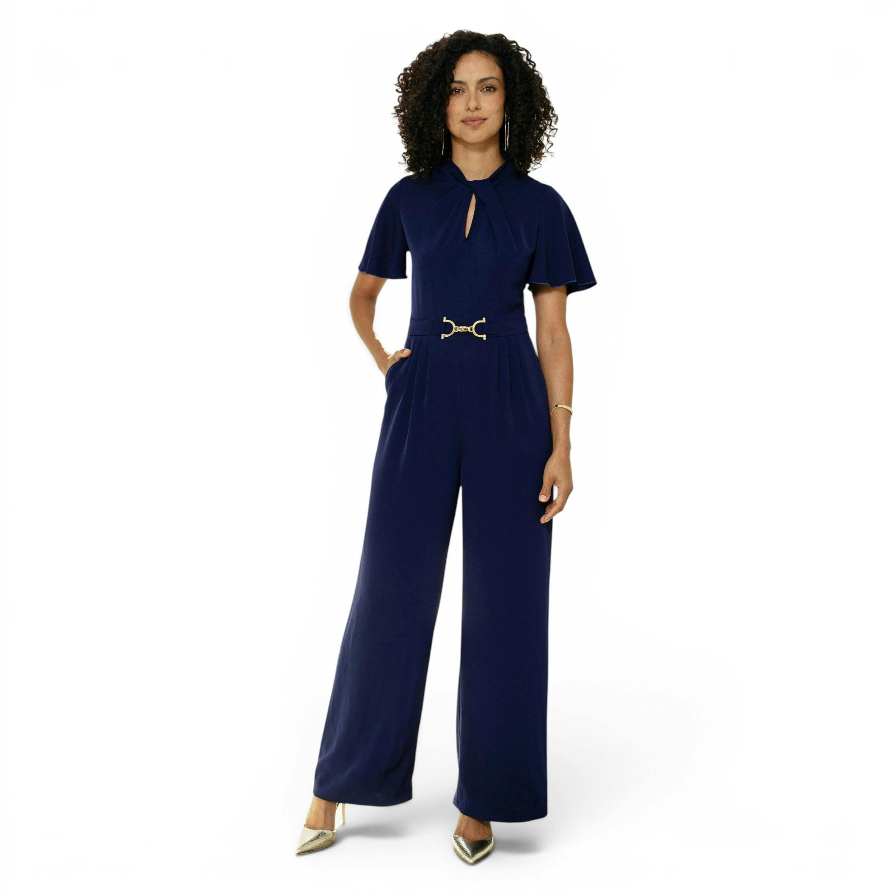 Yumi Navy Buckle Jumpsuit With Twist Knot Detail , view 1 of 6