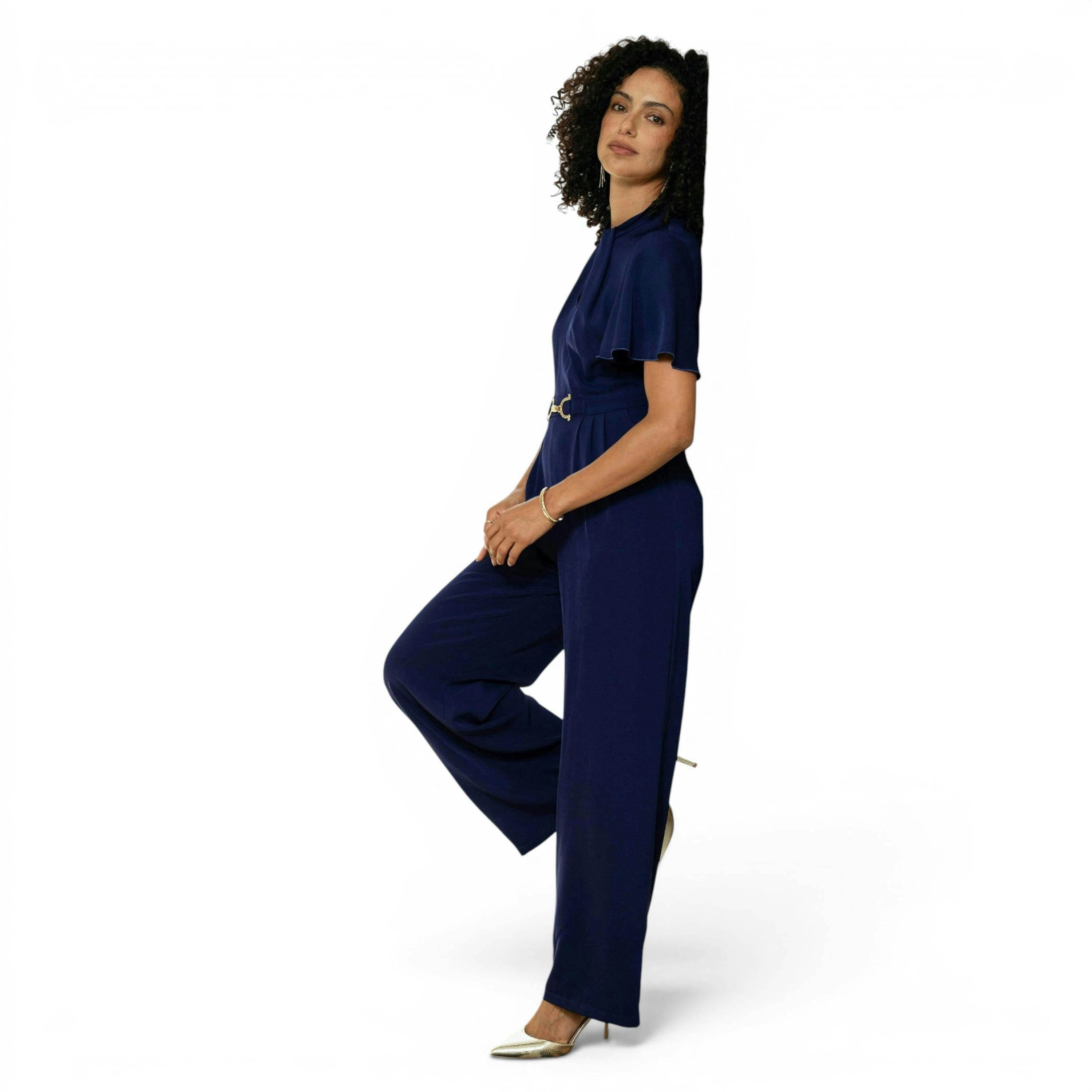 Yumi Navy Buckle Jumpsuit With Twist Knot Detail , view 2 of 6