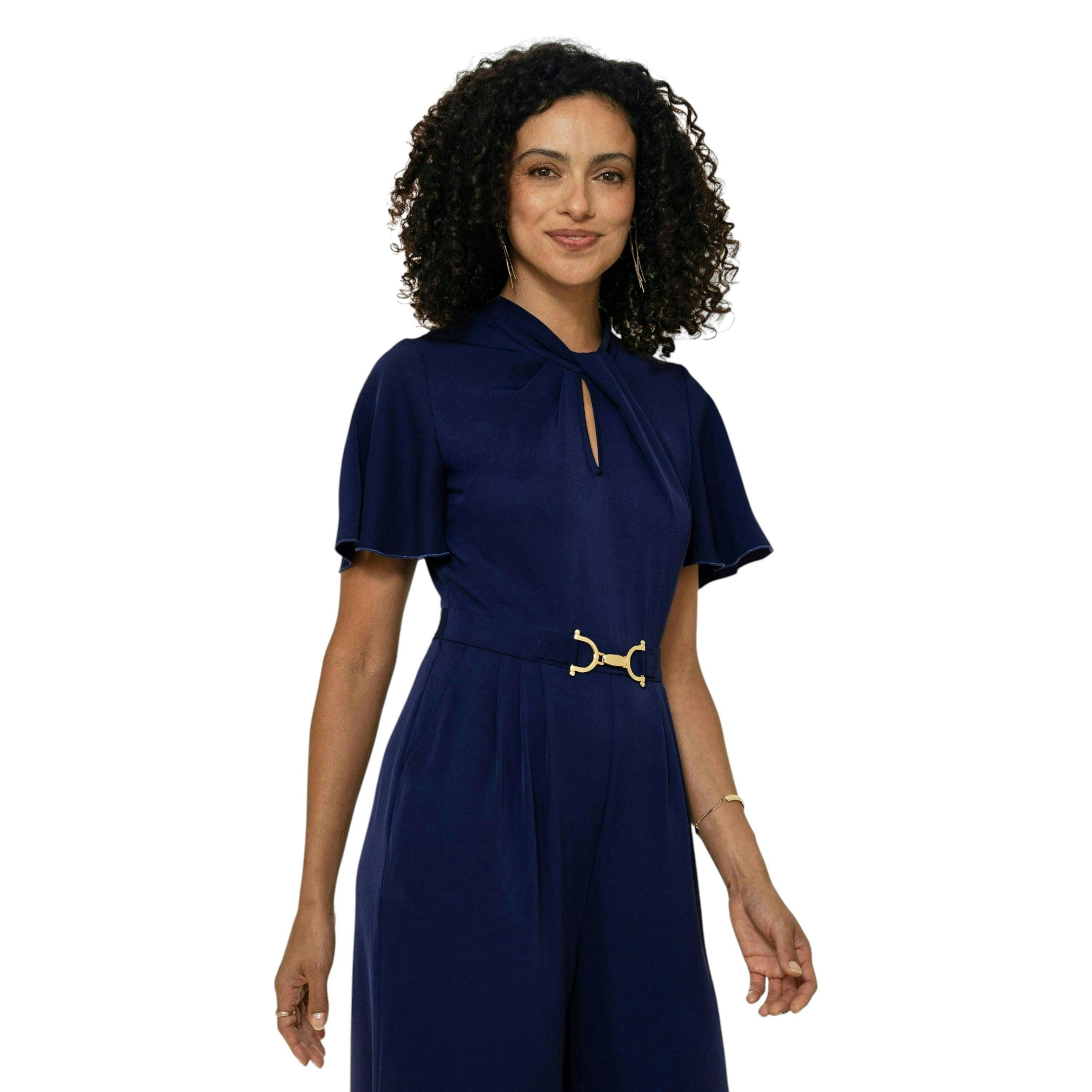 Yumi Navy Buckle Jumpsuit With Twist Knot Detail , view 3 of 6