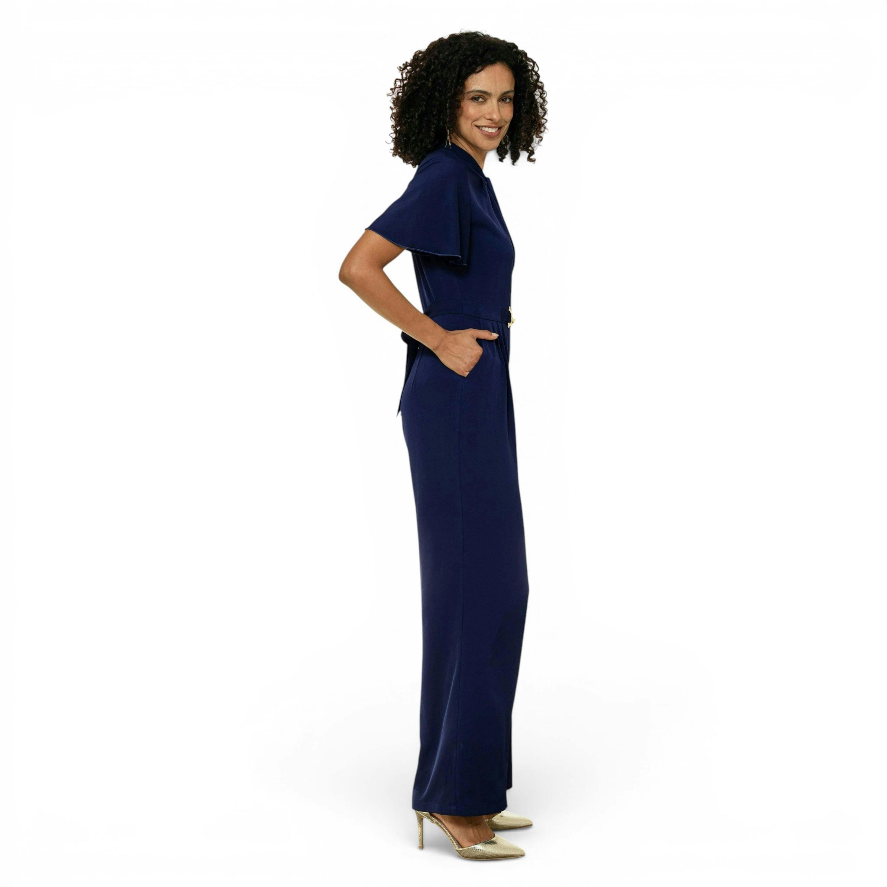 Yumi Navy Buckle Jumpsuit With Twist Knot Detail , view 4 of 6