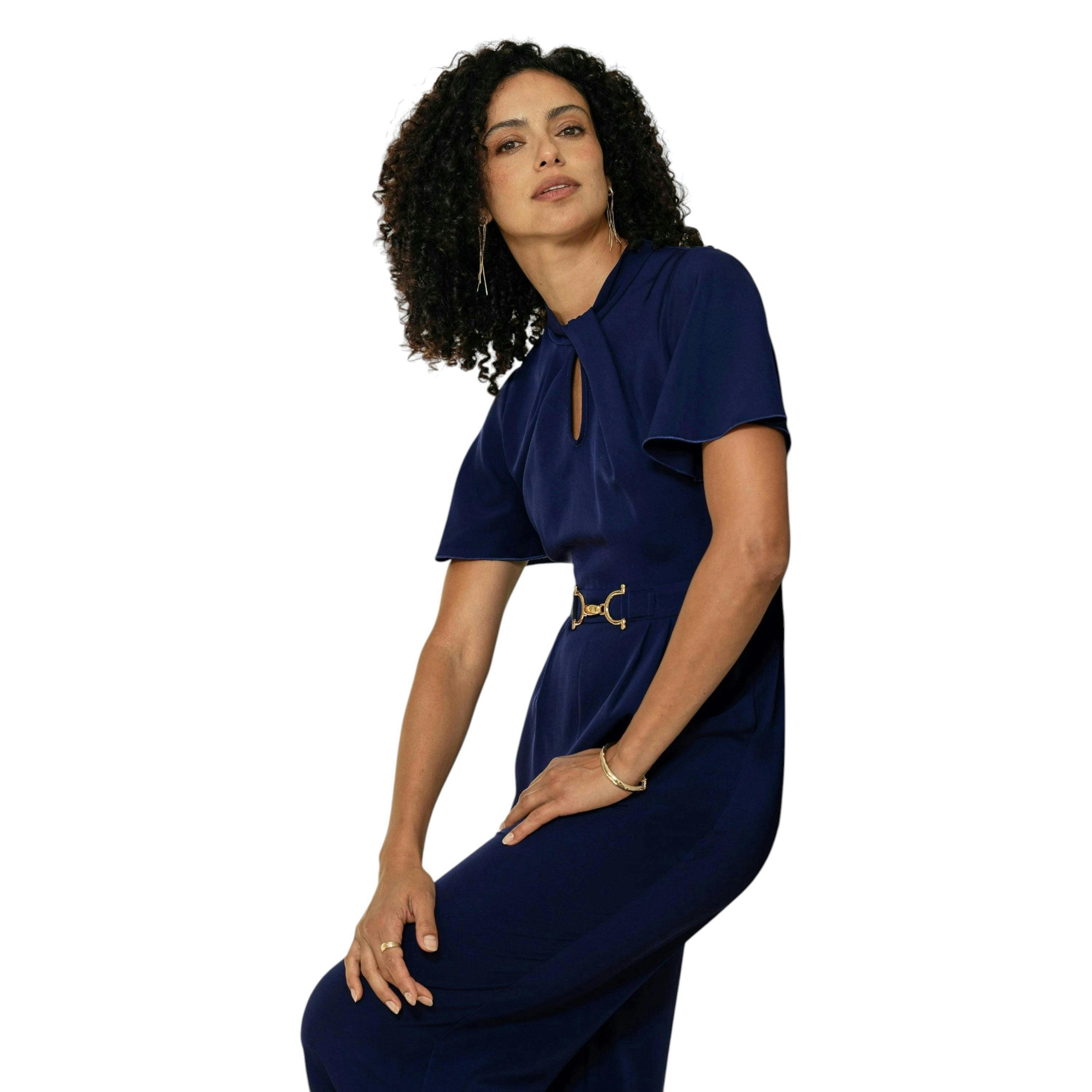 Yumi Navy Buckle Jumpsuit With Twist Knot Detail , view 5 of 6