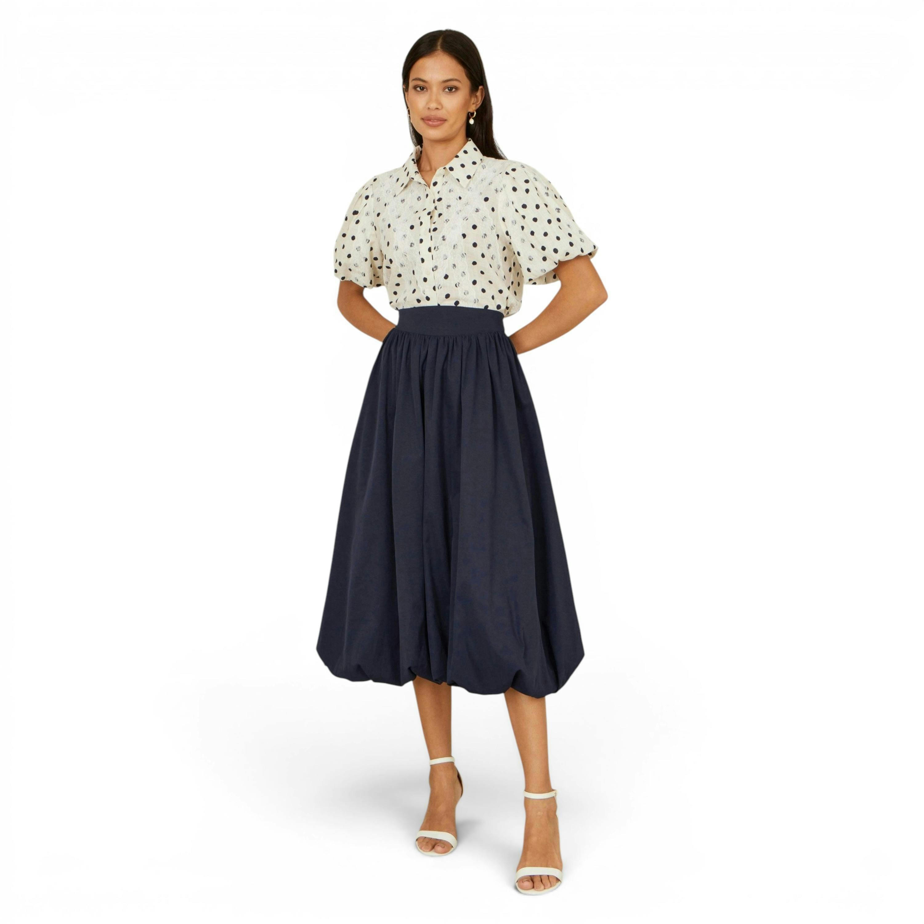 Yumi Navy Satin Bubble Hem Midi Skirt , view 1 of 4