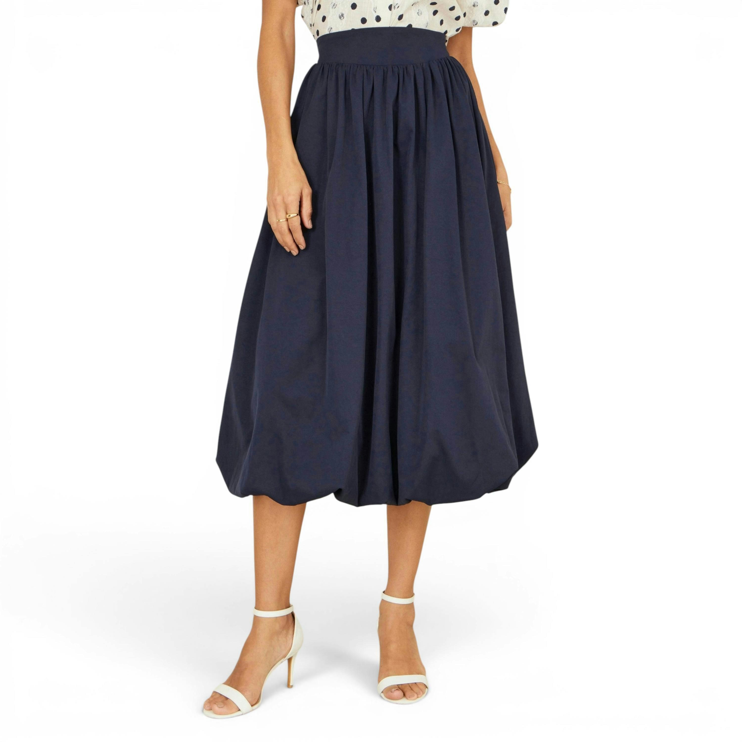 Yumi Navy Satin Bubble Hem Midi Skirt , view 2 of 4