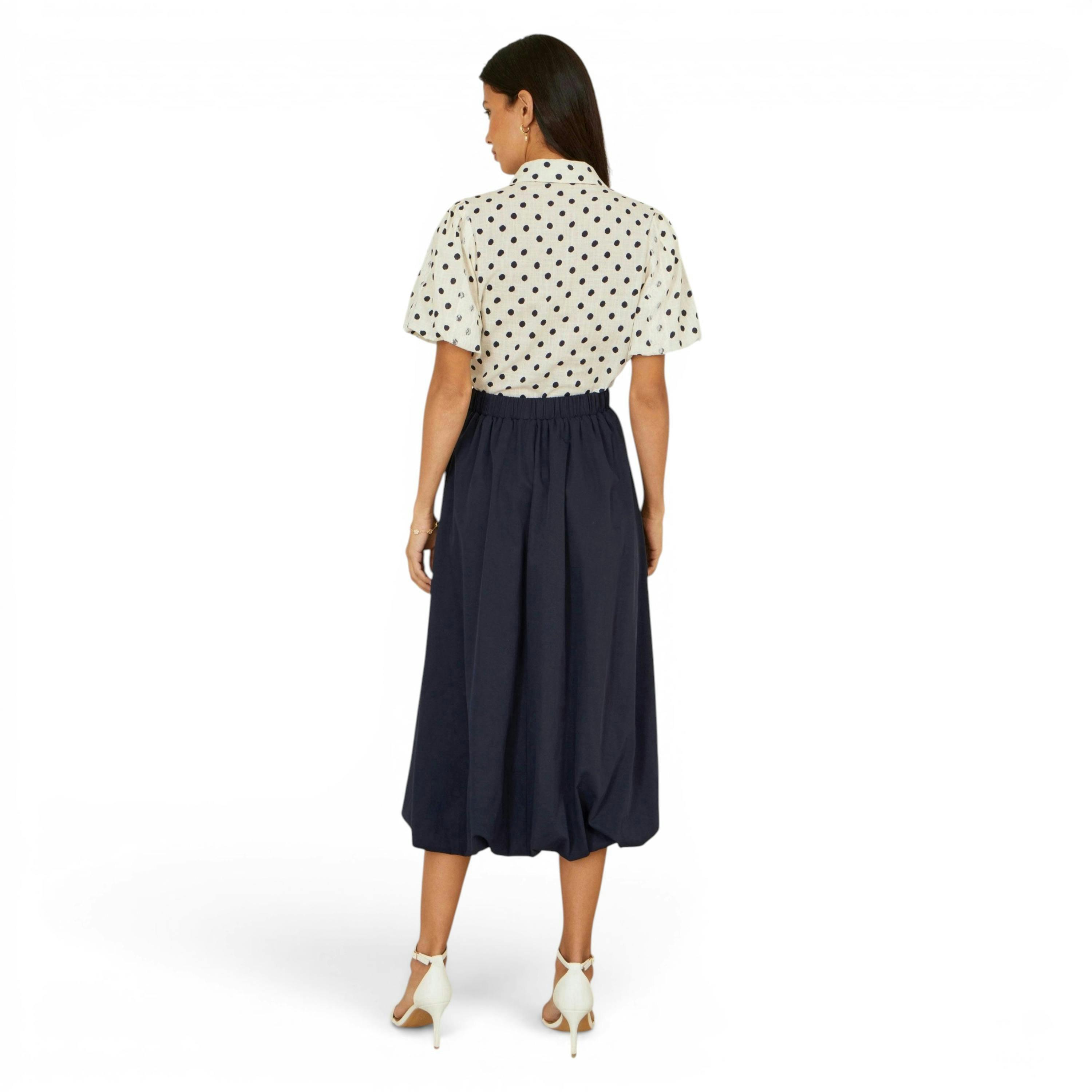Yumi Navy Satin Bubble Hem Midi Skirt , view 3 of 4