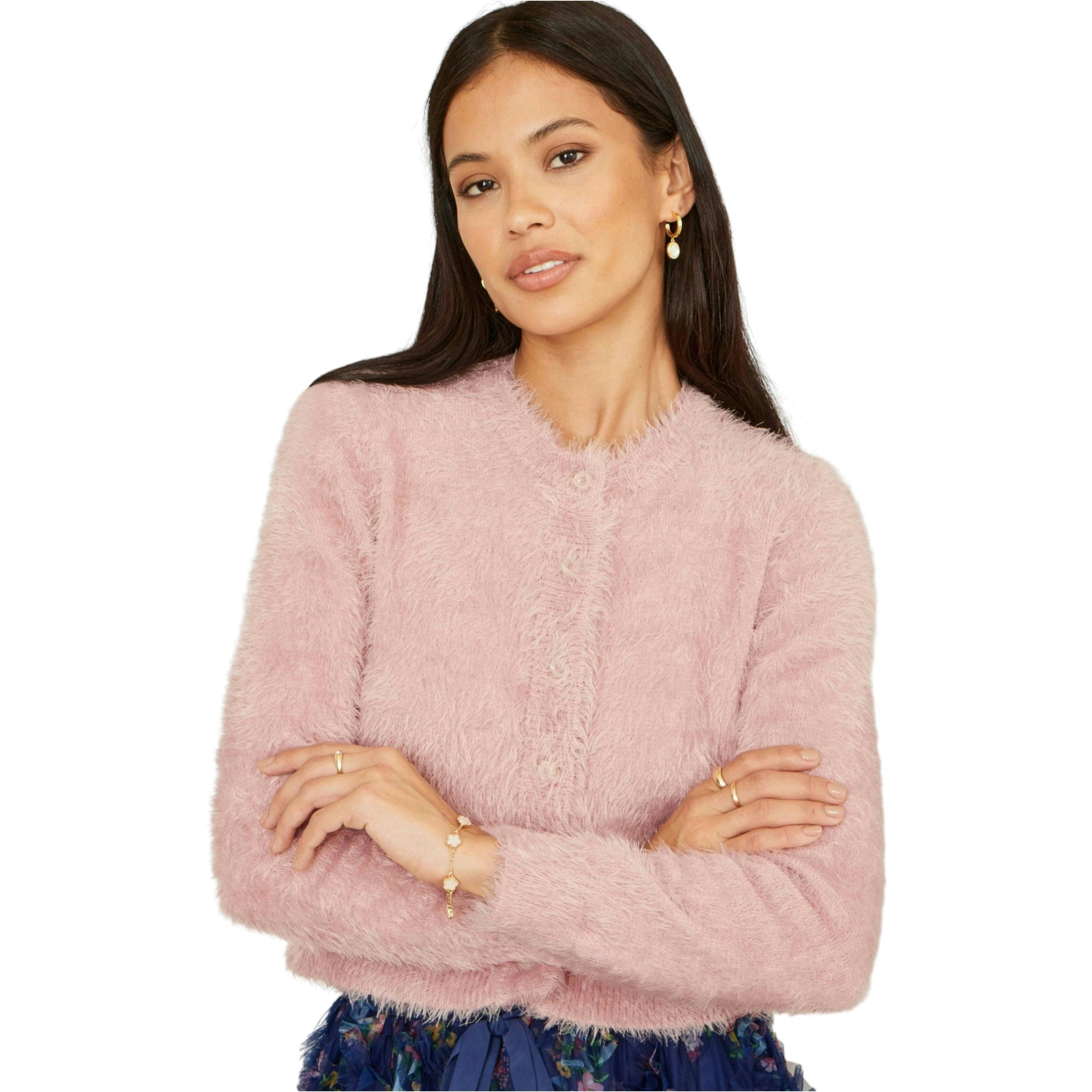 Yumi Pink Eyelash Knit Cropped Cardigan , view 1 of 5