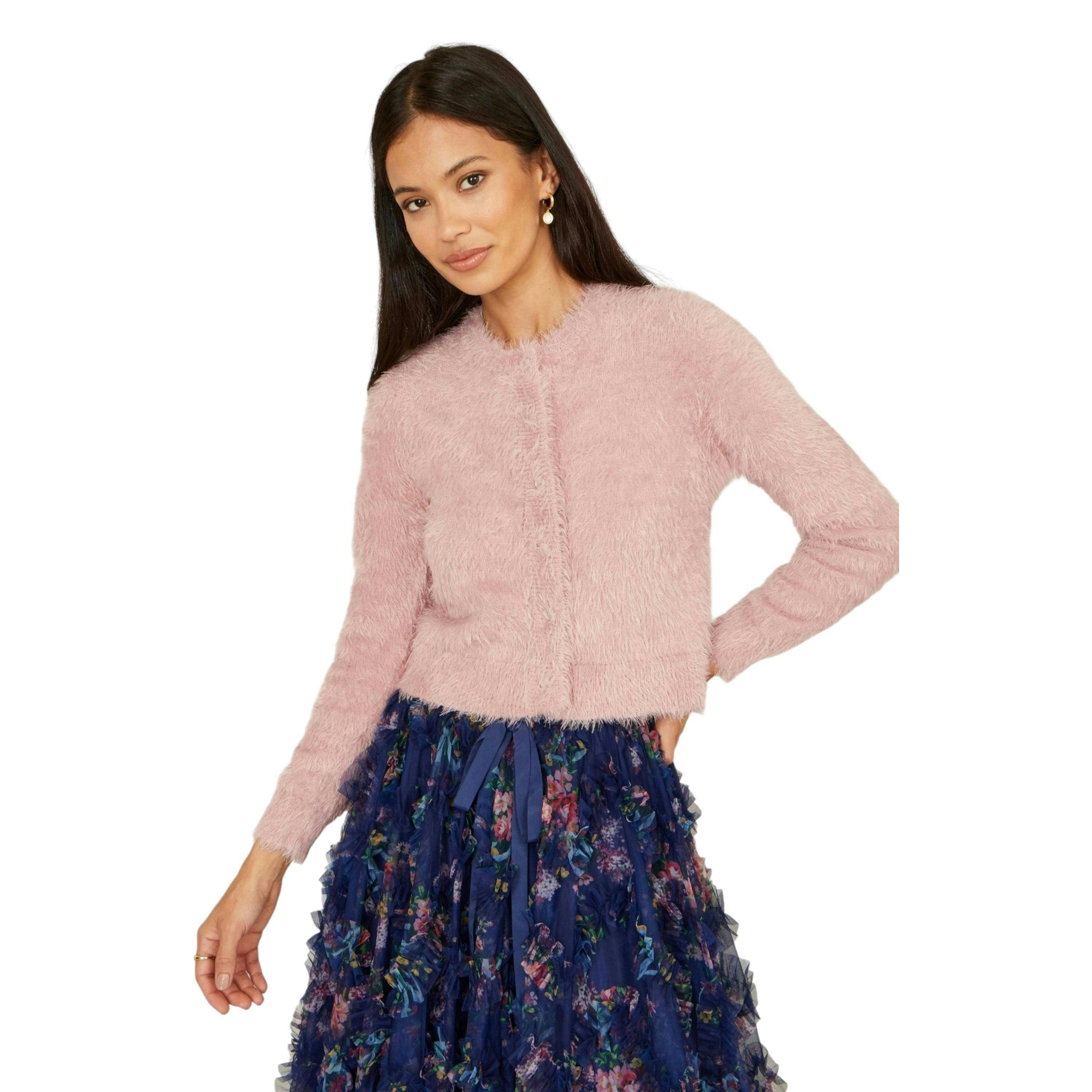 Yumi Pink Eyelash Knit Cropped Cardigan , view 2 of 5